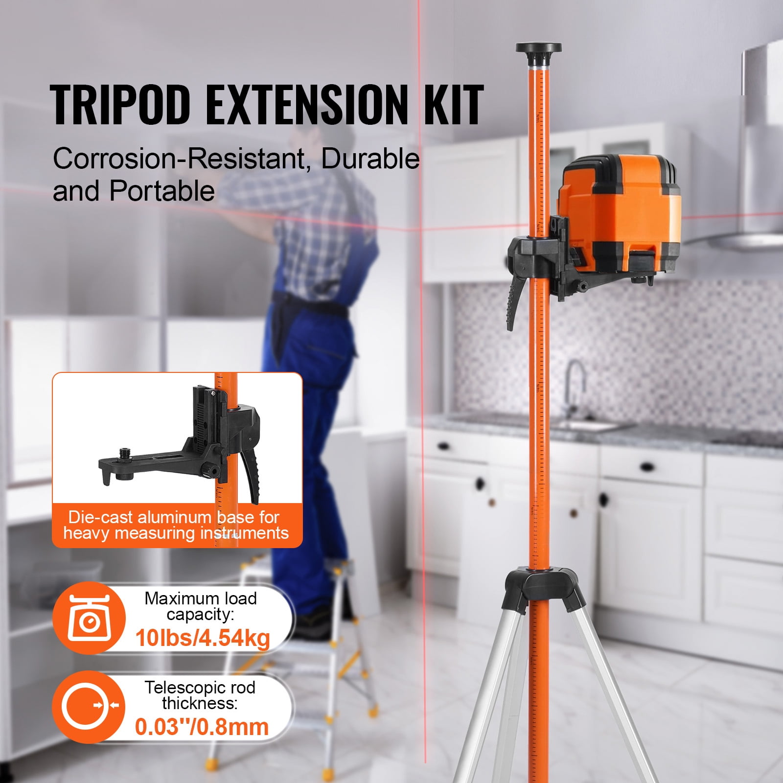 KFFKFF Adjustable Laser Level Tripod, 1/4"-20 & 5/8"-11 Thread Mount, 40.94-133.85 inch Height Range with Level Bubble & Sturdy Stand, Lightweight Aluminum Extendable Tripod for Laser Tools