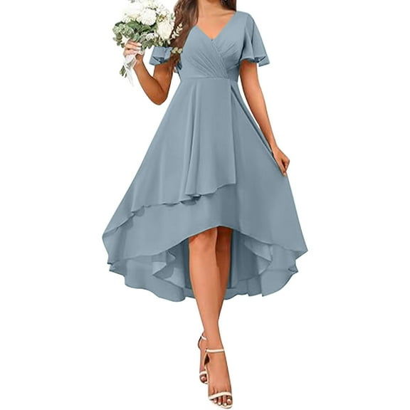 nerohusy Womens Short Bridesmaid Dresses Chiffon A Line Flutter Sleeve High Low Ruched Bust Wedding Guests Formal Evening Party Gown 2025 Light Blue,XXL