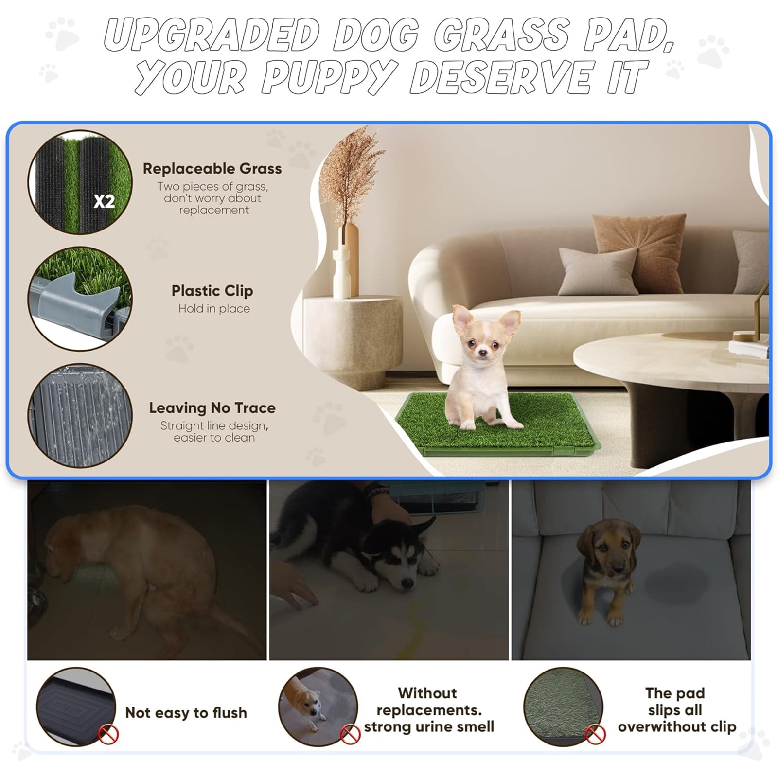 Dog Grass Pad with Tray,Reusable Training Pad with Replaceable Artificial Grass,Quick Absorbent Indoor Portable Dog Patio Potty,Washable Pee Pad For Puppy (Gray Tray + 2 Grass Pads for Replacement)