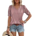 thumbnail image 5 of NMMUED Womens Casual Tops V Neck Summer Shirts Floral Print Short Puff Sleeve Blouse Loose Fit Boho Basic Tees Button Cuffs Trendy Dressy Work Office Outfits Hot Pink S, 5 of 8