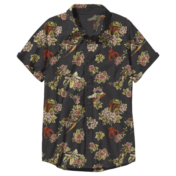 Men's Star Wars Boba Fett Floral Print Button Down Shirt Black Medium
