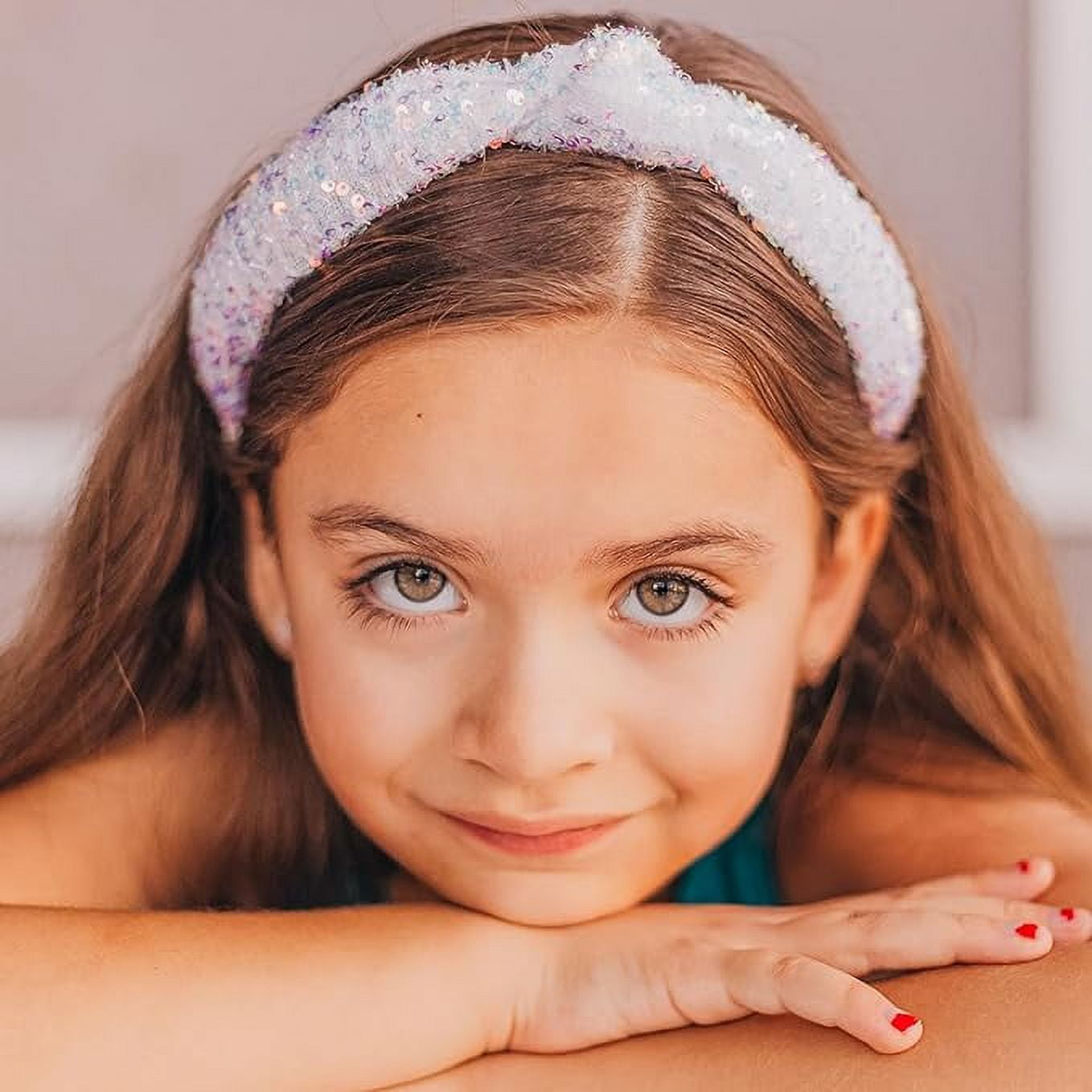 FROG SAC Sequin Knot Headband for Girls, White Knotted Hair Bands Accessories for Kids, Sparkly Iridescent Little Girl Headbands, Cute Sequined Hairbands for Tweens Back to School