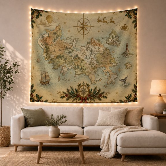 Fantasy North Pole Map with Santa Sleigh, Whimsical Vintage for Map Collectors, Storybook Cartography Art, Christmas Gift, Tapestry Wall Hanging for Bedroom and Living Room