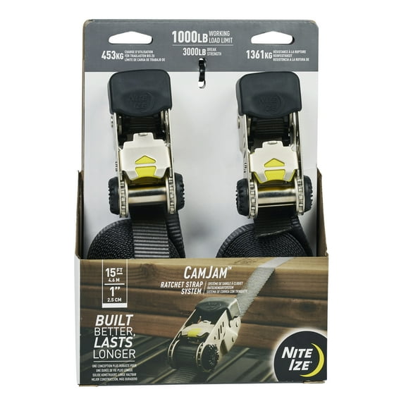 Nite Ize CamJam Ratchet Strap System - Easy-Release Patented Lever Pawl - Tie Down Straps & Ratchet with Adjustable Positioning for Varied Configurations - 1000 lb Working Load Limit - Large (2 Pack)