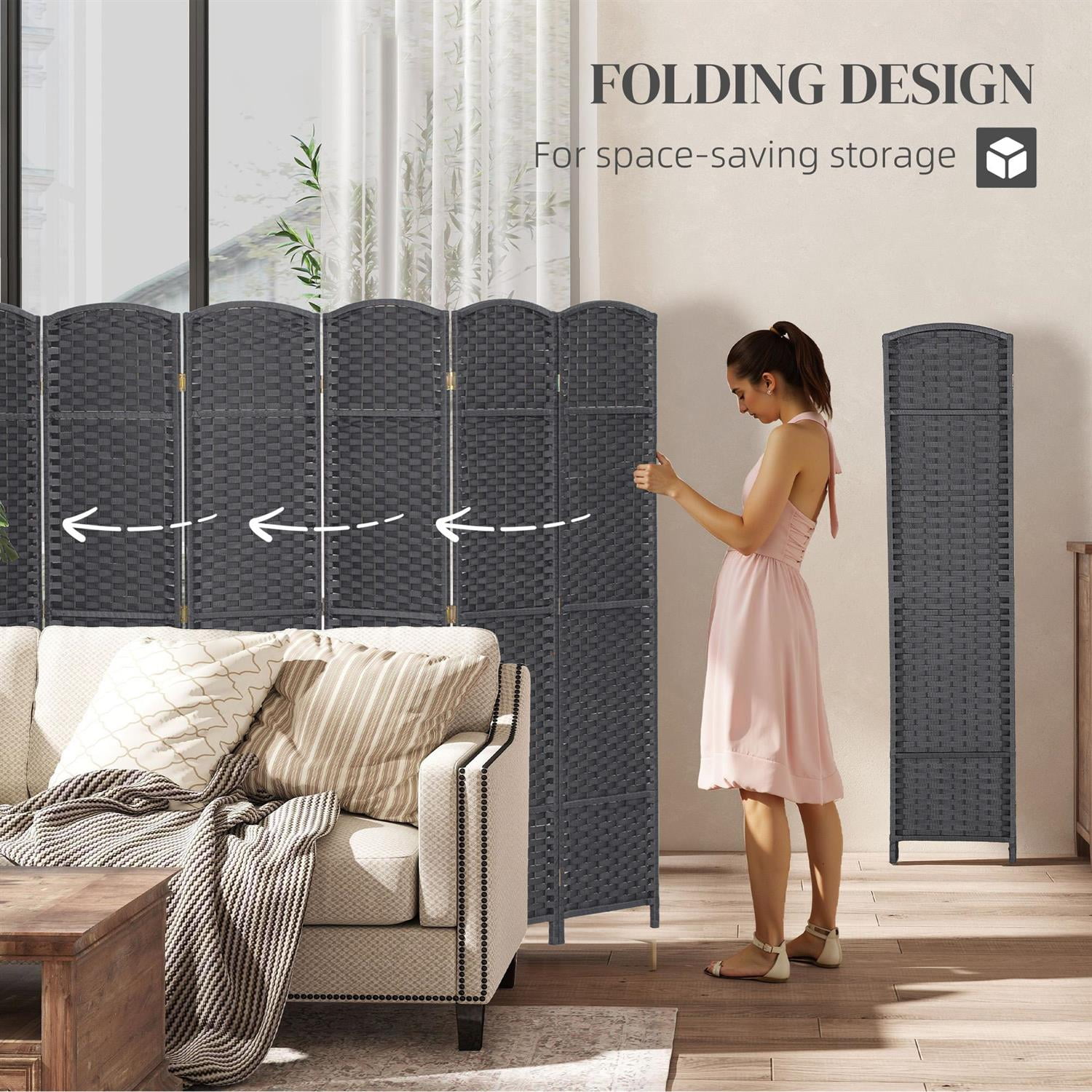 Demi Bonn 8-Panel Folding Room Divider Screen, 5.6' Tall Privacy Screen for Home Office, Space-Saving Freestanding Partition, Gray