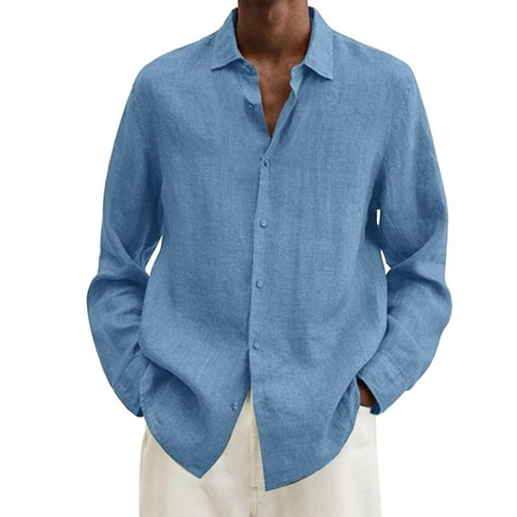 Men's Linen Cotton Shirt Plus Size Casual Button Down Long Sleeve Tops Summer Beach Shirt Chambray Shirt Tops