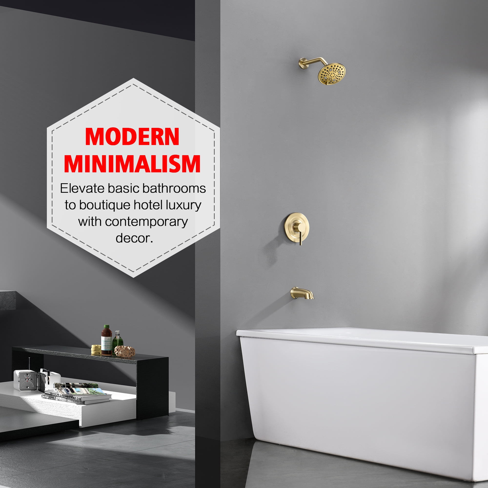 sumerain Brushed Gold Tub Shower Faucet Set Complete, Shower and Tub Fixture with Rainfall Shower Head and Tub Spout
