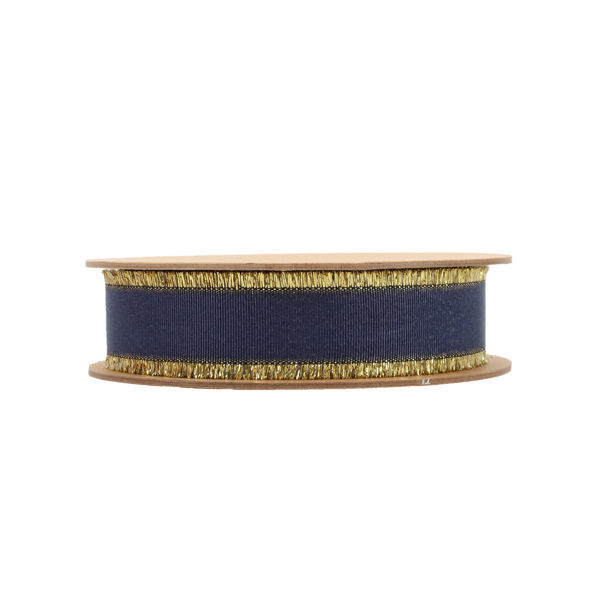LaRibbons 1" Textured Grosgrain Ribbon | Gold Metallic Fringe Navy | 25 Yard Roll