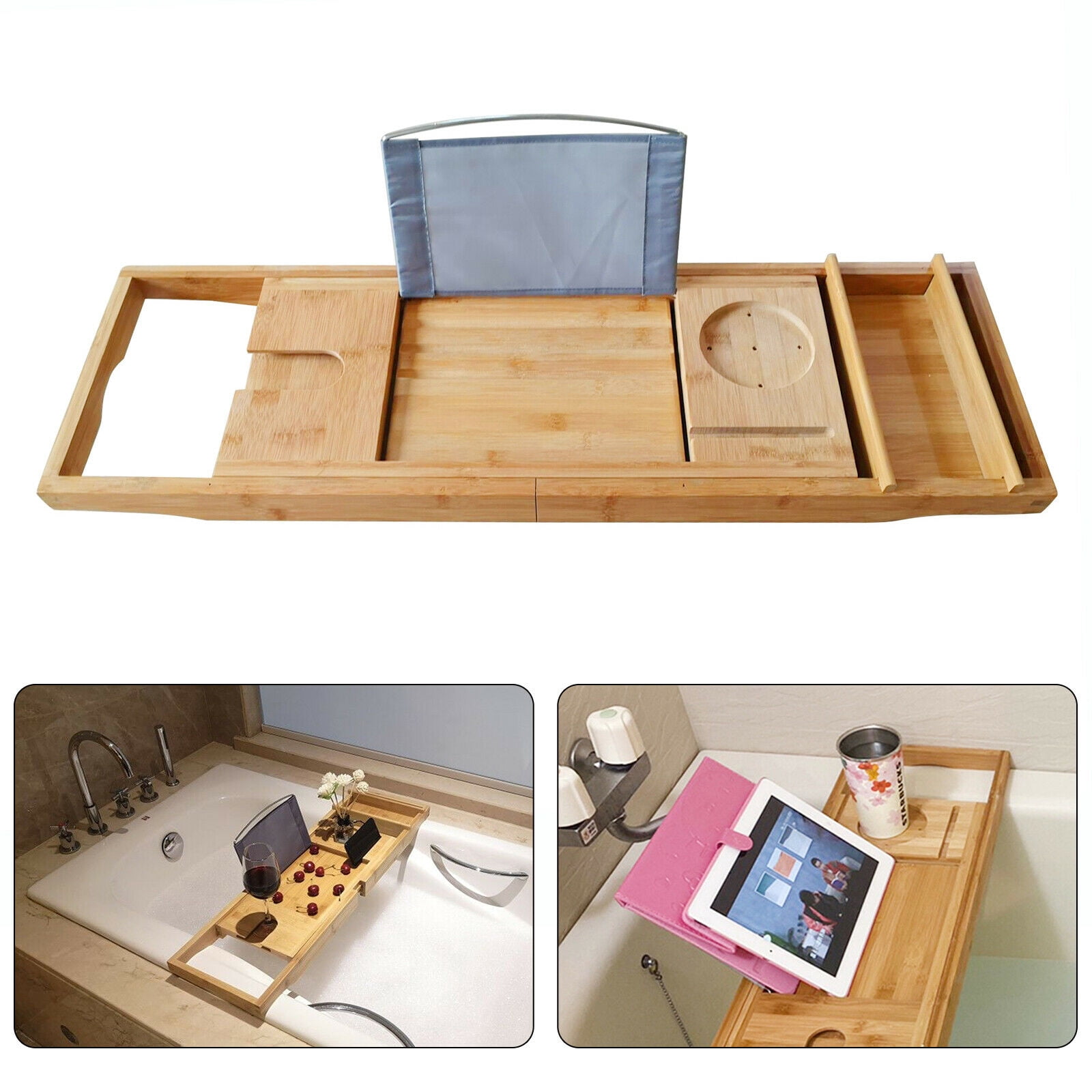 Futchoy Bamboo Bathtub Tray Caddy Non Slip Strechable Expendable Bath Tray for Tub with Book Wine Pad Tablet Holder Bathroom Reading Organizer Tray Soap Organizer Rack Shelf