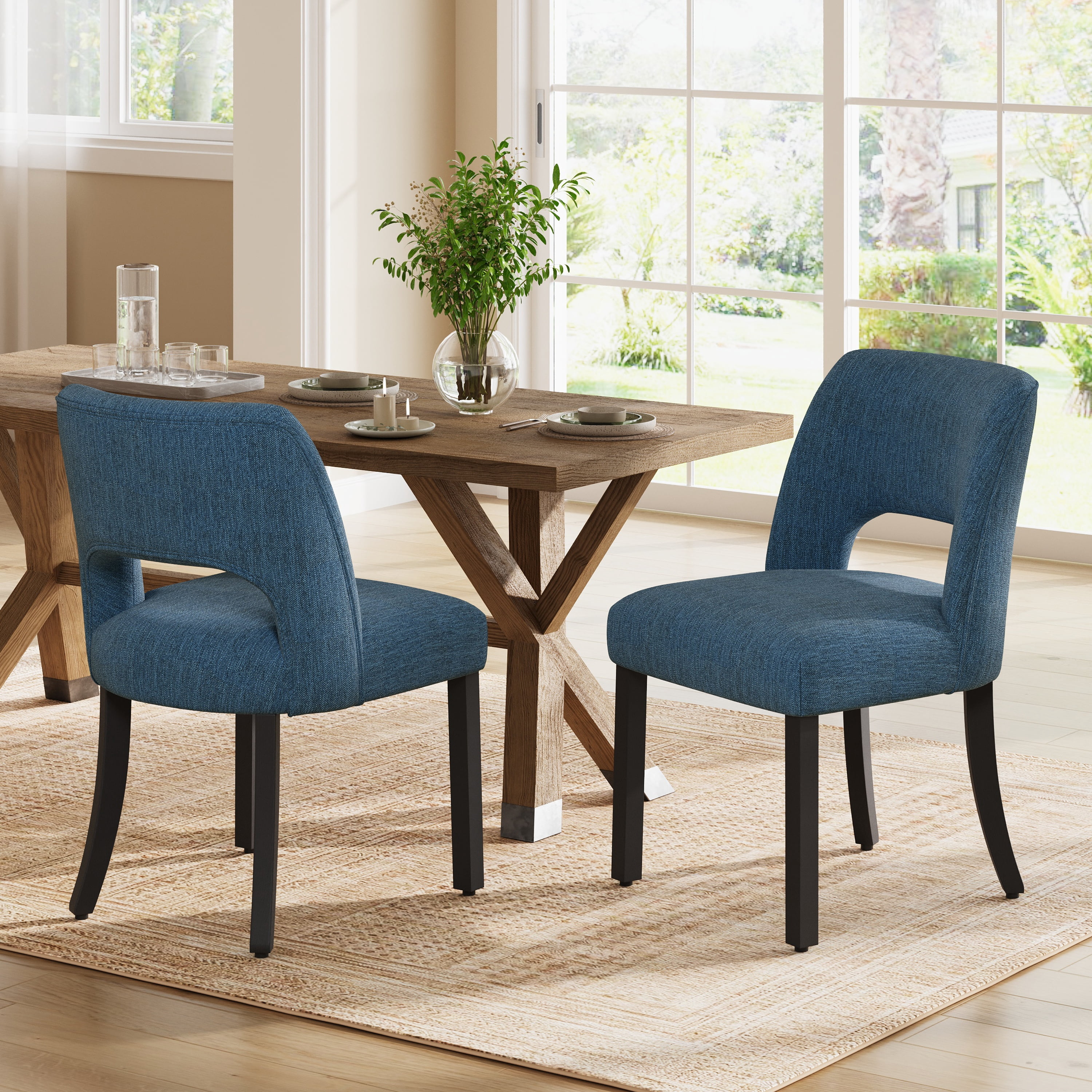 Vknow Furniture Wooden Dining Chairs Set of 2, Modern Fabric Upholstered Dining Room Chair Kitchen Chairs, Farmhouse Dinner Chair for Kitchen Dining Room, Blue