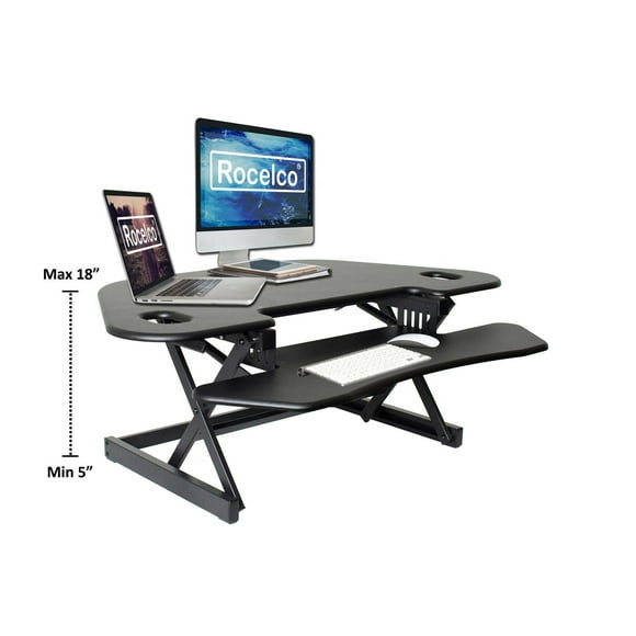 Rocelco 46" Height Adjustable Corner Standing Desk Converter - Quick Sit Stand Up Dual Monitor Riser - Gas Spring Assist Tabletop Computer Workstation - Large Keyboard Tray (Black)