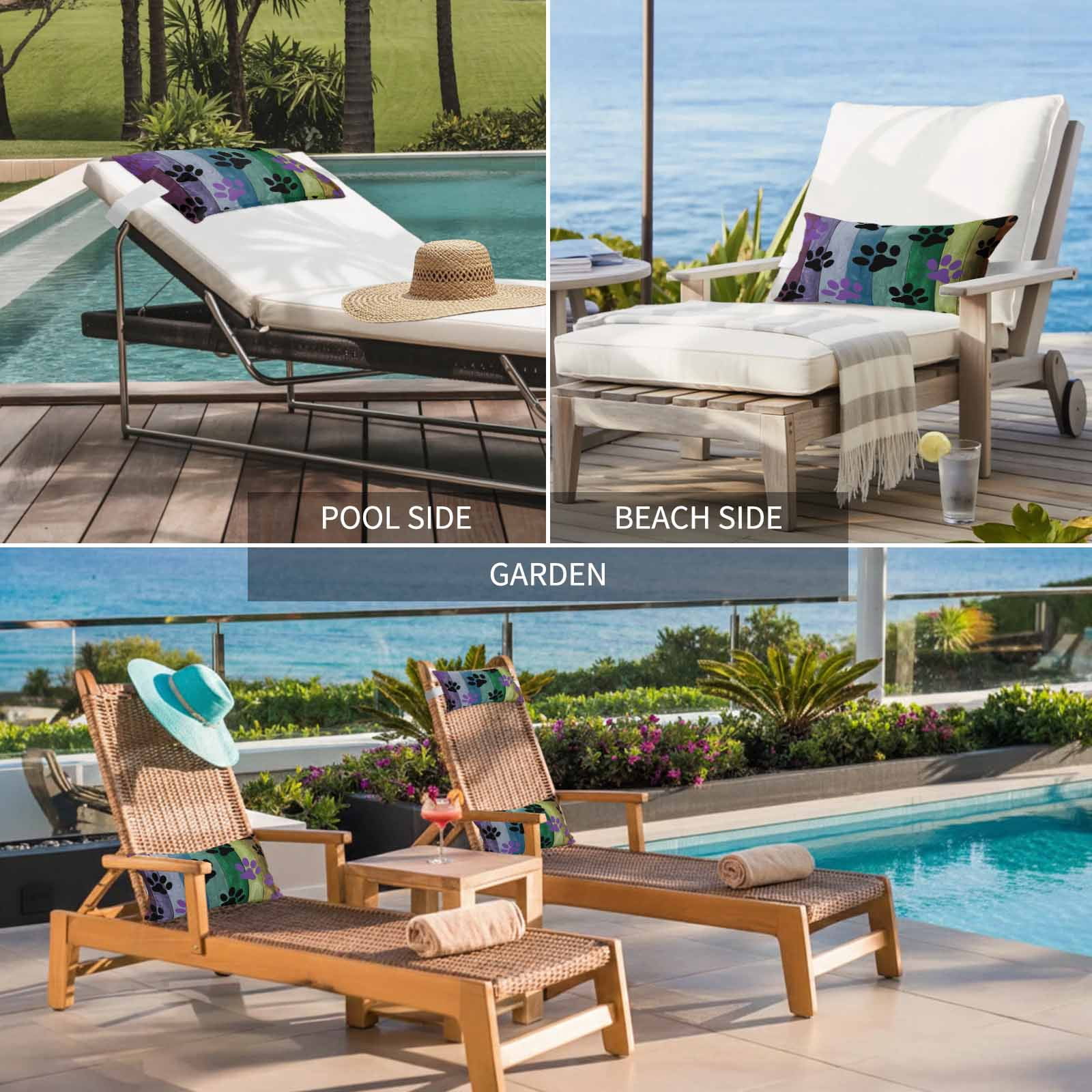 Colorful Dog Outdoor Chaise Lounge Pillows Paw Prints on The Board Lumbar Pillows with Insert Adjustable Elastic Strap Headrest Pillow for Recliner Patio Chair 1 Pack 11x16 Inch