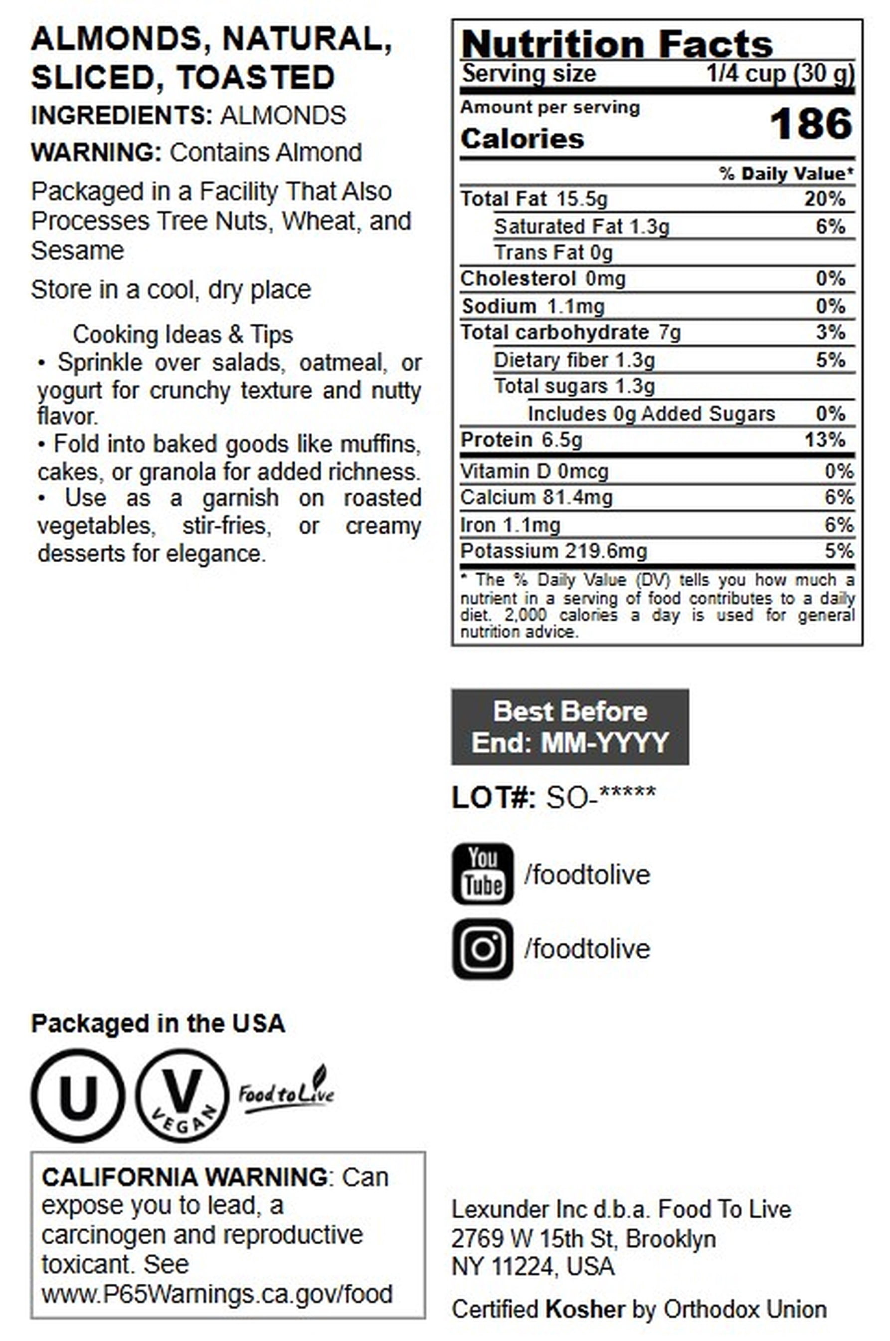 Dry Roasted Natural Sliced Almonds, 1.5 Pounds – Unblanched Nuts, Oven Toasted, Unsalted, No Oil Added, Perfect for Cooking, Baking and Snacking, Vegan, Kosher, Bulk – by Food to Live