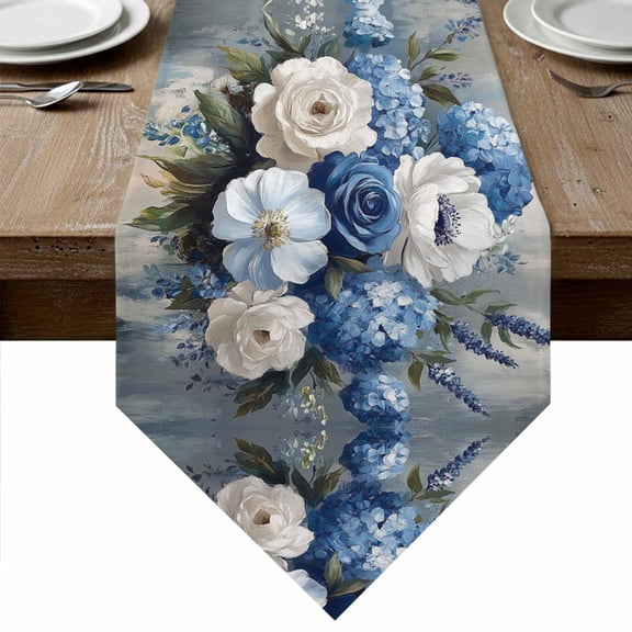Blue Spring Floral Table Runner Linen Burlap Table Runner 72 Inches Long Modern Art Flowers Farmhouse Dresser Scarves for Kitchen Island Coffee Dining Room Party Wedding Banquet Holiday Decor 13"x72"