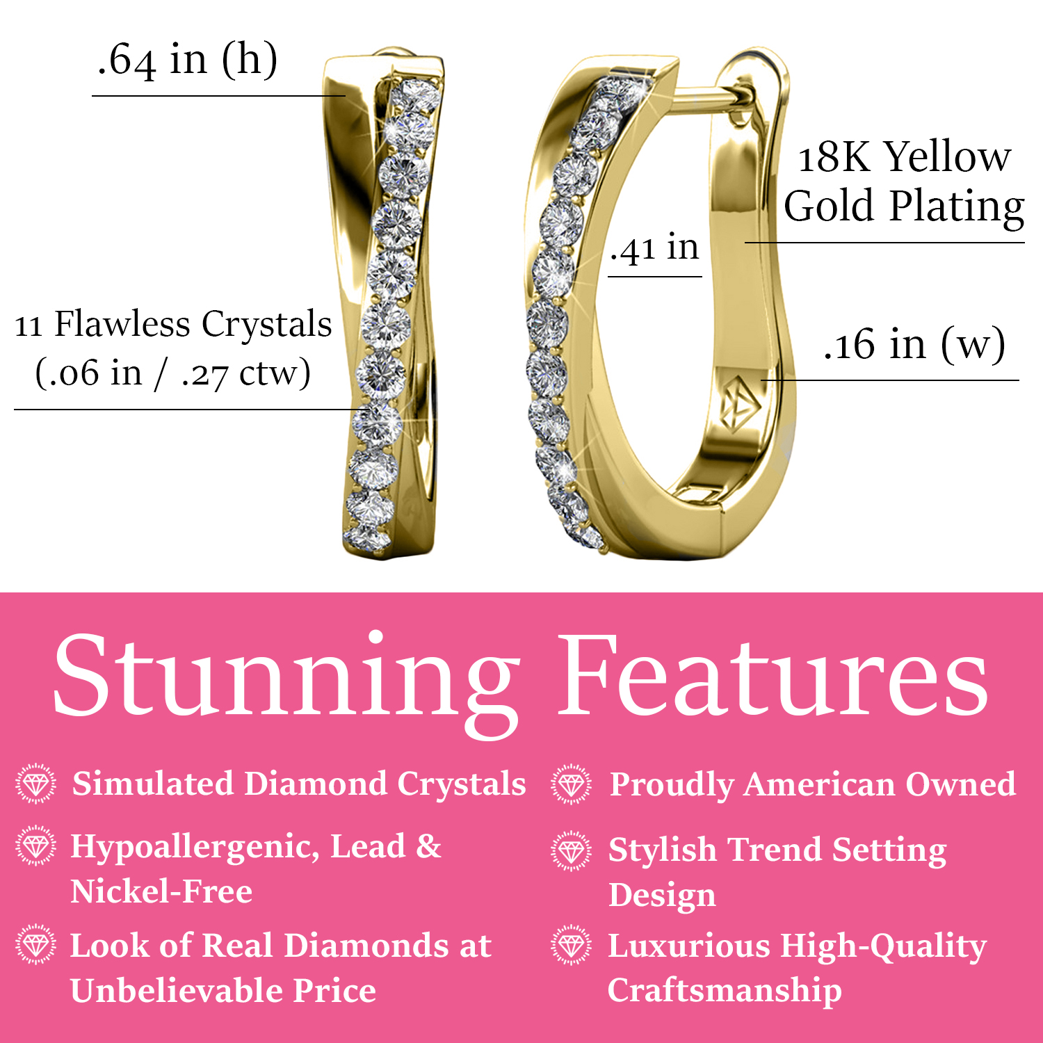 Cate & Chloe Amaya 18k Yellow Gold Plated Hoop Earrings | Women's Crystal Earrings, Jewelry Gift for Her - image 2 of 9