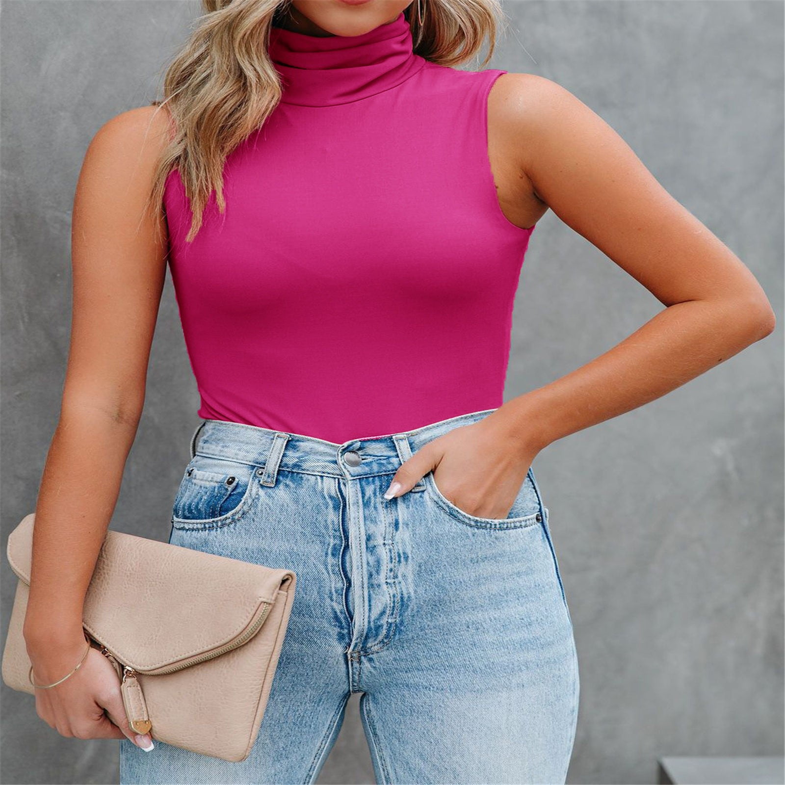 sleeveless pink turtleneck