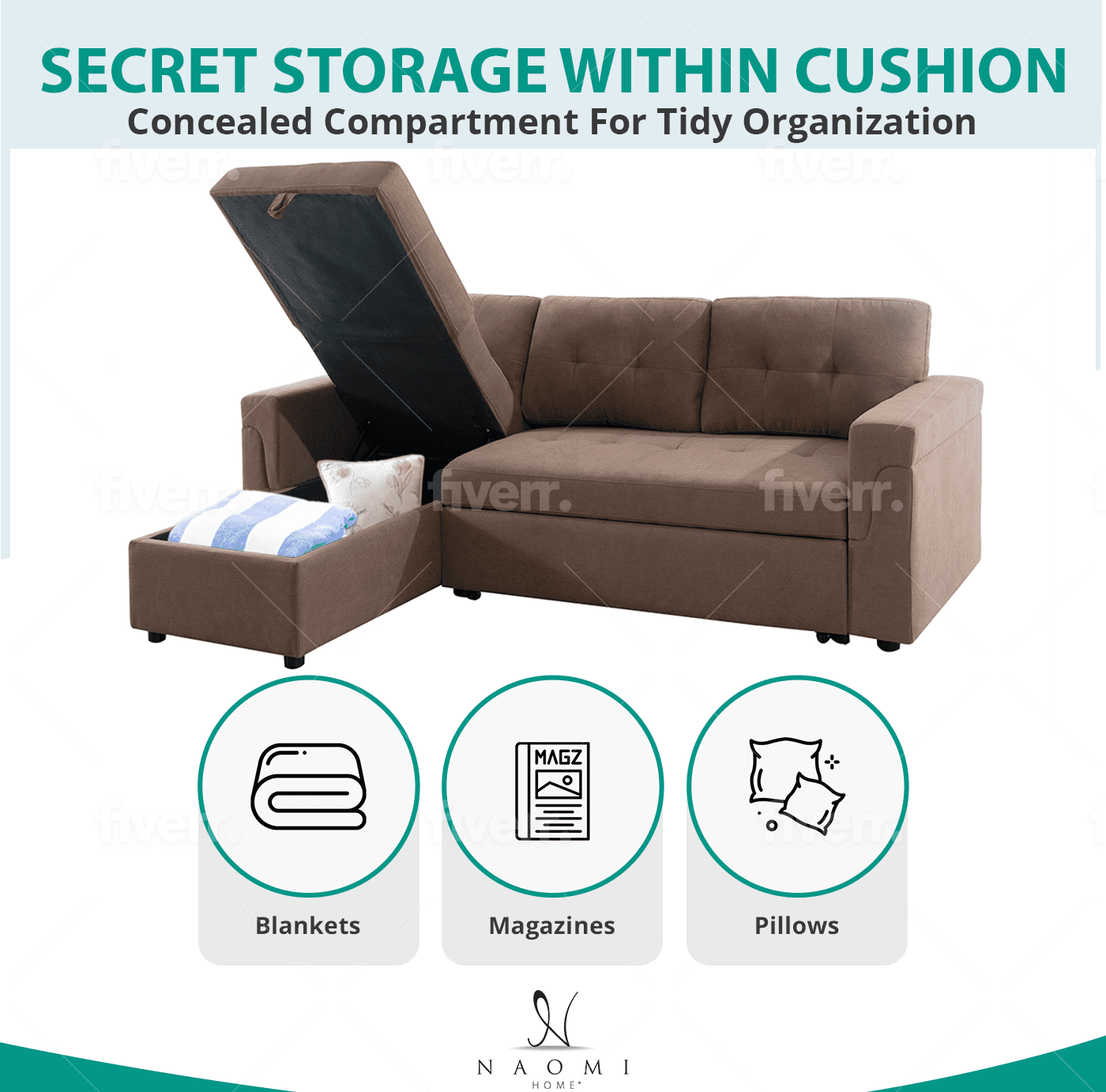 Naomi Home Sectional Sofa Sleeper with Storage Chaise, Tufted Pull-Out Couch with Storage, Sectional Sofa Bed, L-Shaped Reversible Sleeper Sofa with Storage, Mocha, Velvet