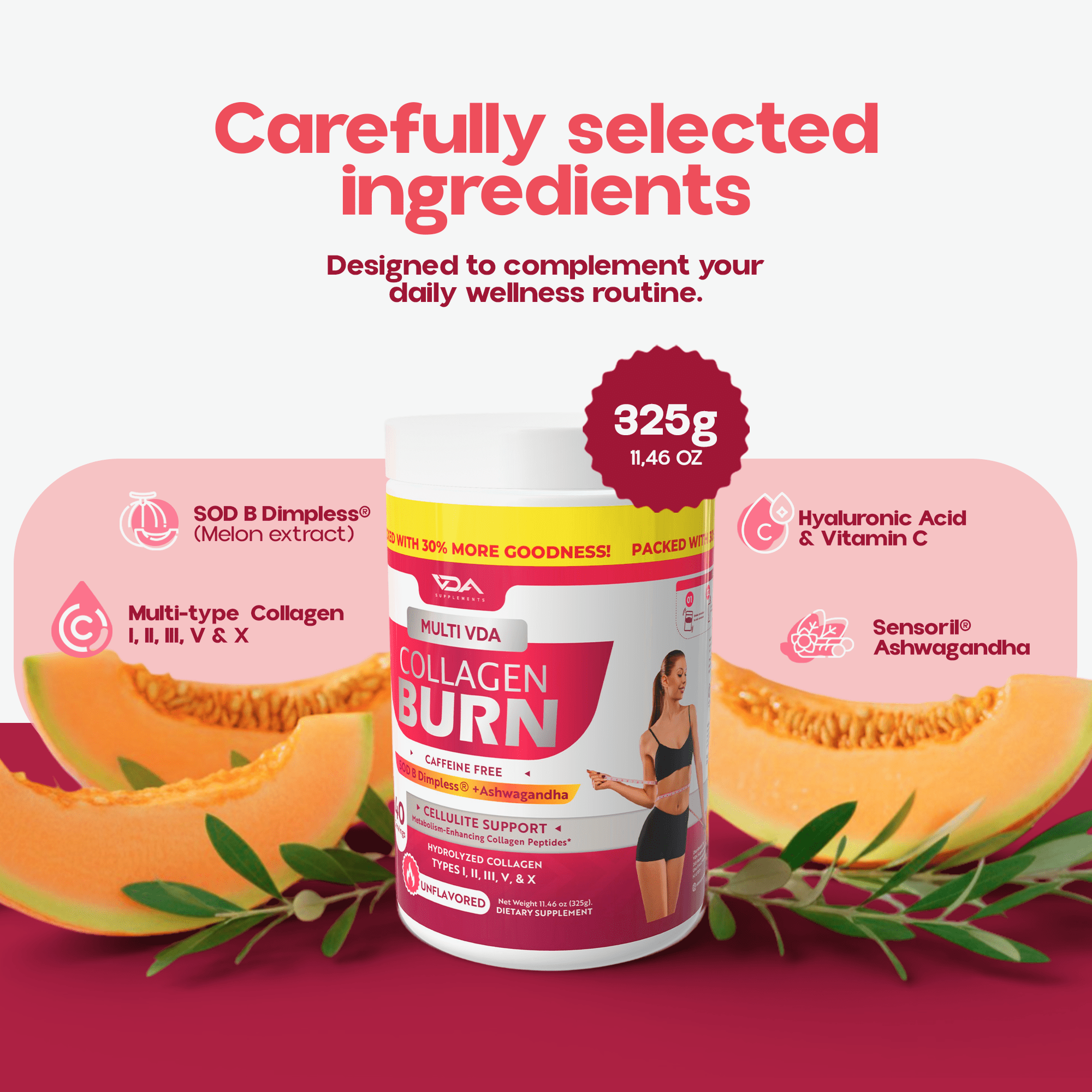 VDA Supplements Multi VDA Collagen Burn Powder - Hydrolyzed Collagen Powder for Women - Burn Ultimate Beauty with SOD B Dimpless®, 5 Types of Collagen (I, II, III, V, X), Unflavored, 40 Servings
