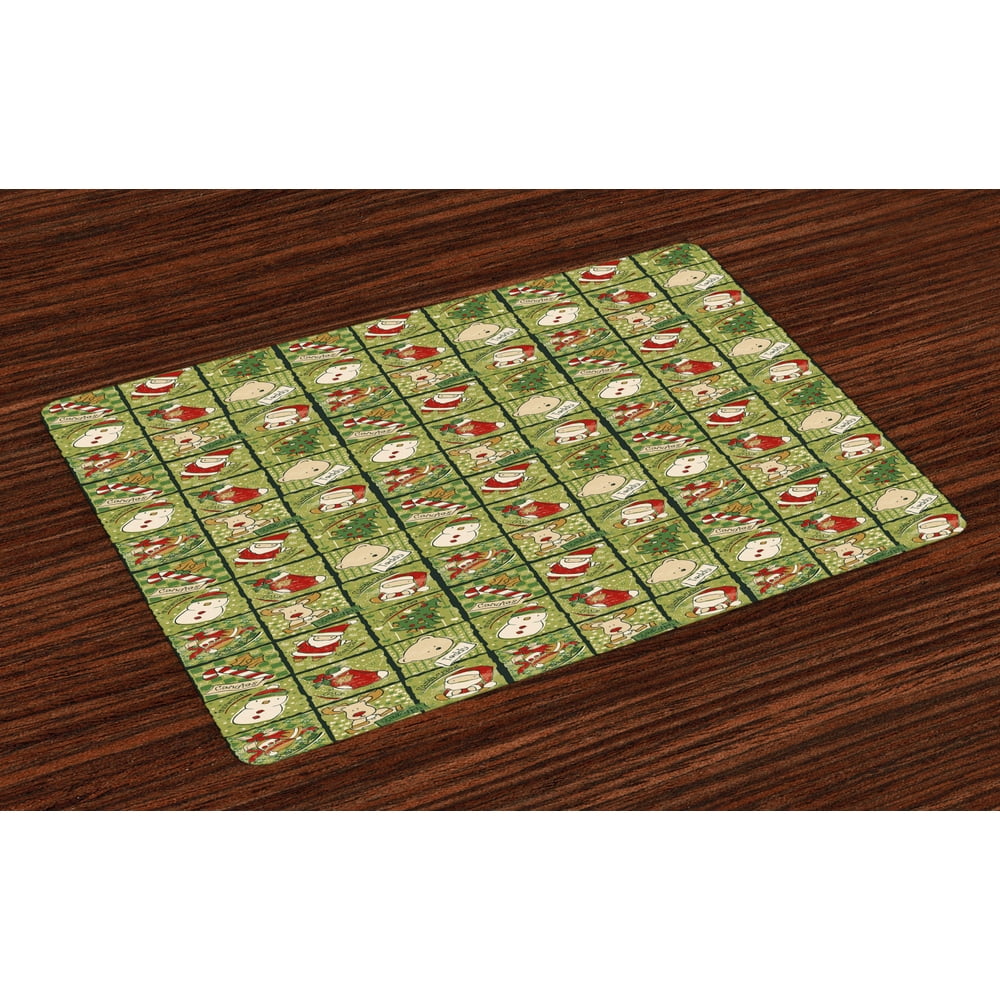 Christmas Placemats Set of 4 Cartoon Santa Claus Trees Teddy Bears Candies Sketchy Design Print