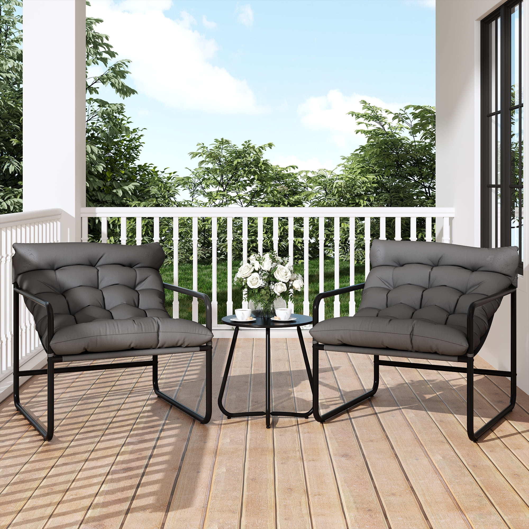 ELPOUSN 3-Piece Modern Outdoor Lounge Set for 2 - Gray Balcony Furniture with Cushions, Stylish Garden & Patio Seating