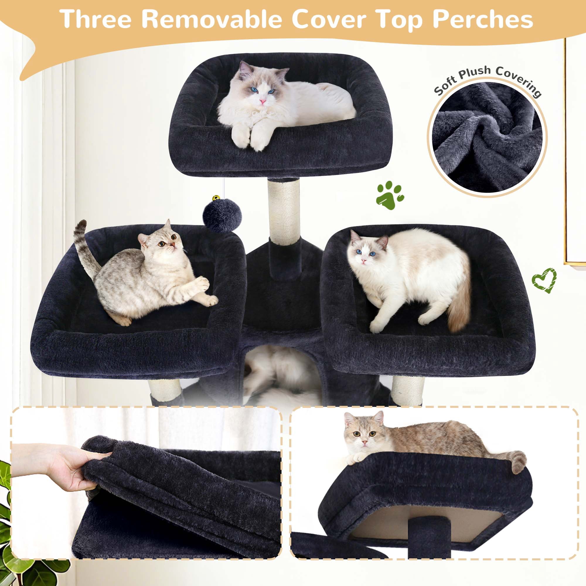 Globlazer 80'' Multi-Level Large Cat Tree Tower for Large Cats with 2 Condos, 2 Hammocks, 3 Perches & Sisal Scratching Posts, Dark Grey