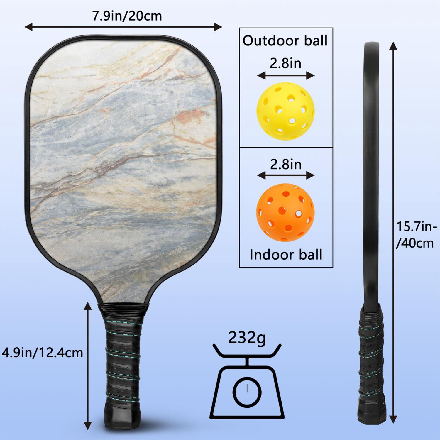 Pickleball Paddles Set Of 2, Fiberglass Surface, Turquoise Marble Pattern, 4 Balls & Bag