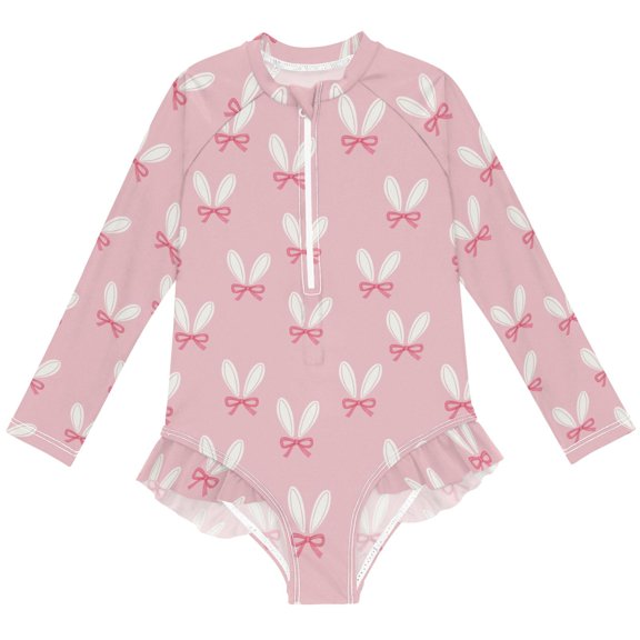 joogoo Cute Rabbit Bows Pattern Girls One-Piece Swimsuits UPF 50  Long Sleeve Rash Guard Bathing Suit 5-6 Years