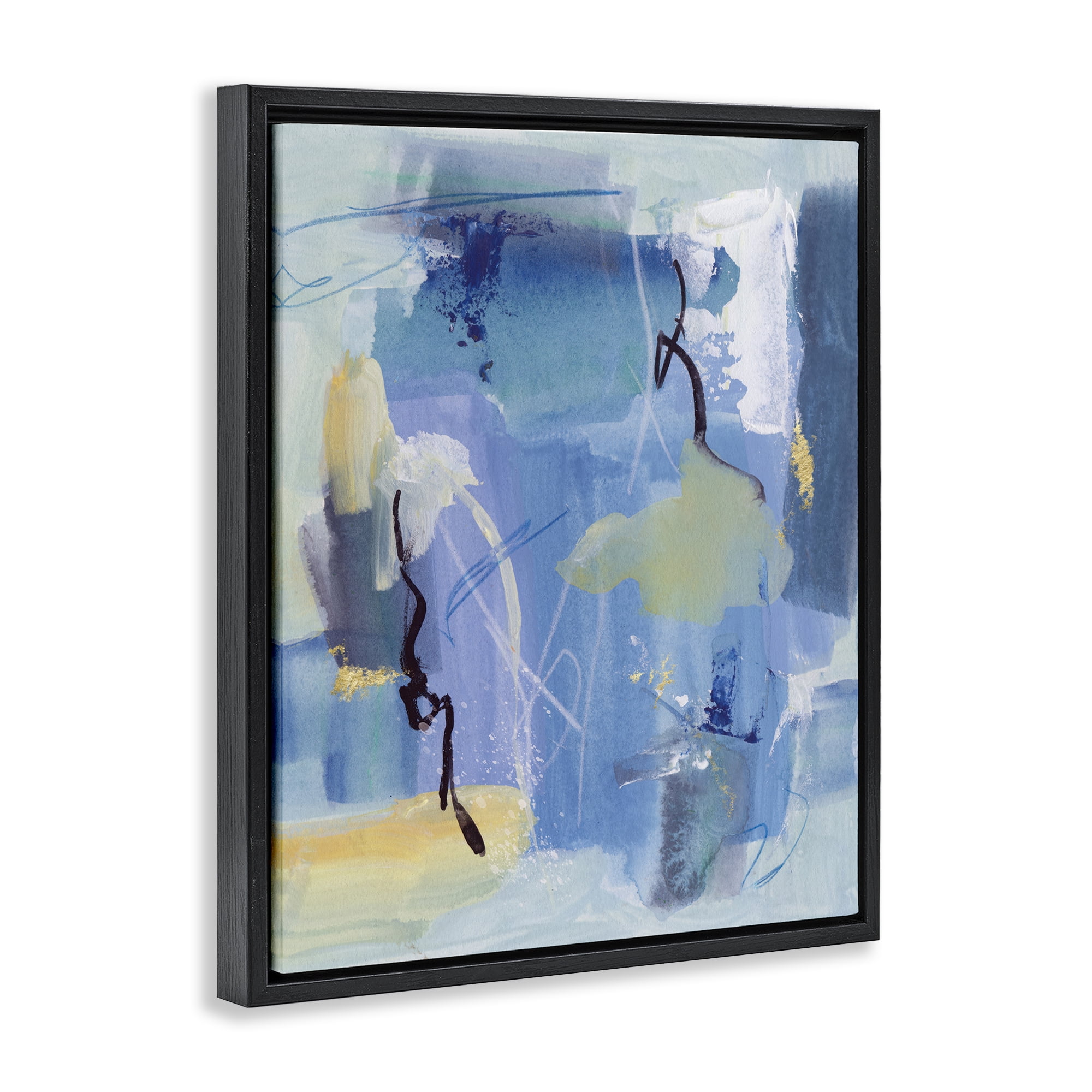 Stupell Industries Blue Abstract Yellow Accents Abstract Painting Black Floater Framed Canvas Art Print Wall Art, 25 x 31