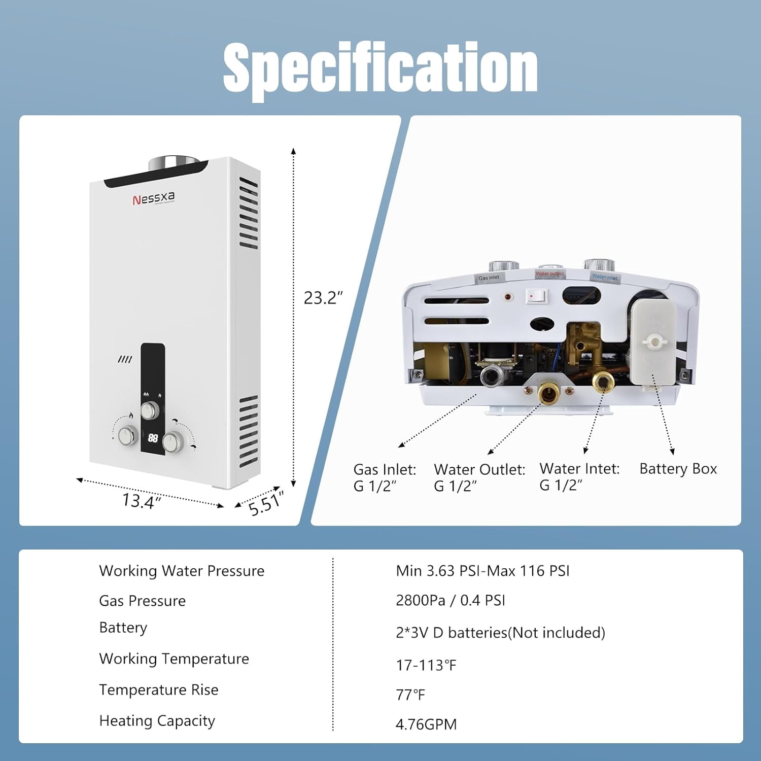 Tankless Propane Water Heater with Digital Display, 4.76 GPM 18L Portable Instant Hot Gas Water Heater, 115425 BTU Overheating Protection for Indoor & Camping