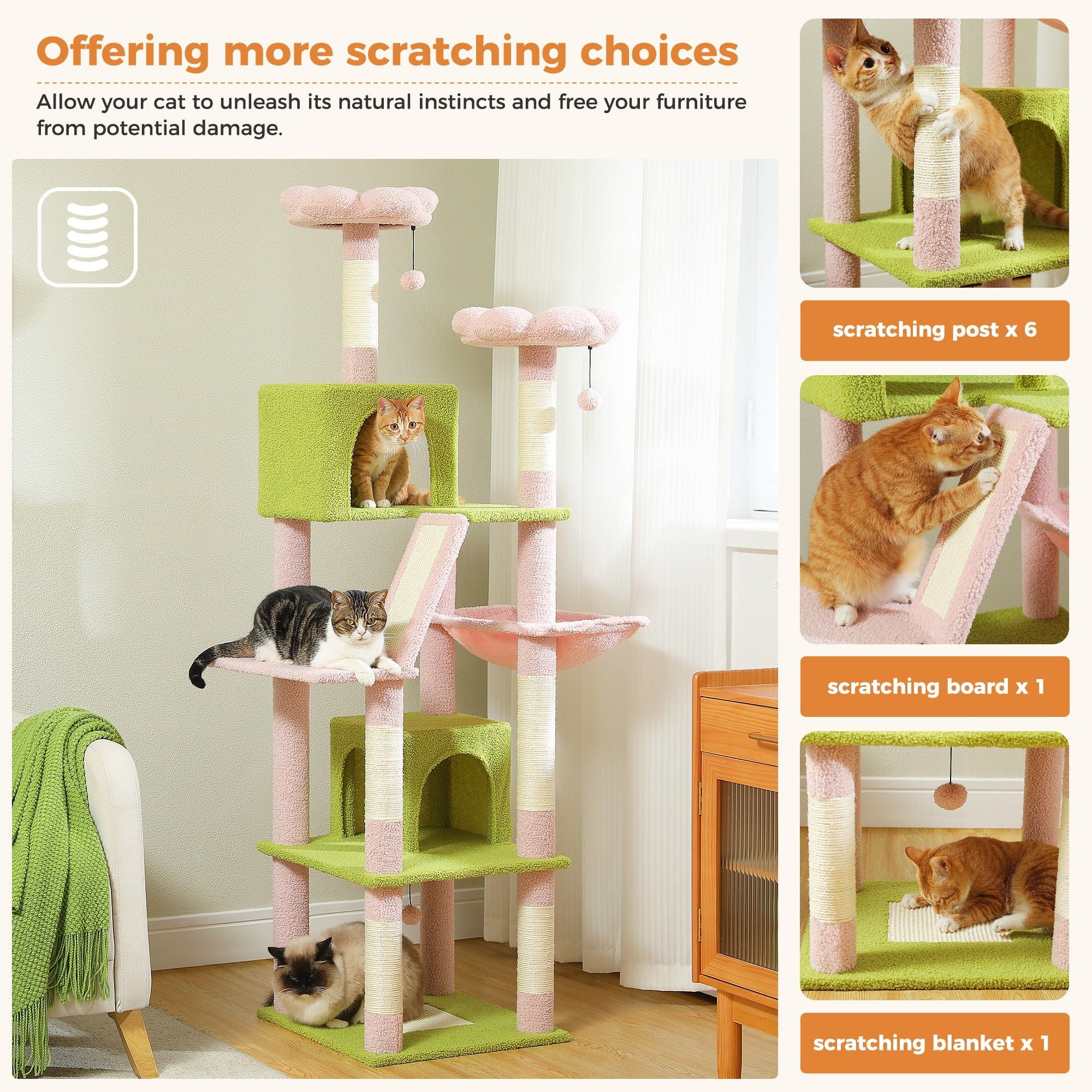 Kadyn 70" Large Cat Tree for Indoor Cats, Multi-Level Cat Tower Cat Scratching Post with 2 Perches, 2 Condos, Hammock and 2 Pompoms, Pink