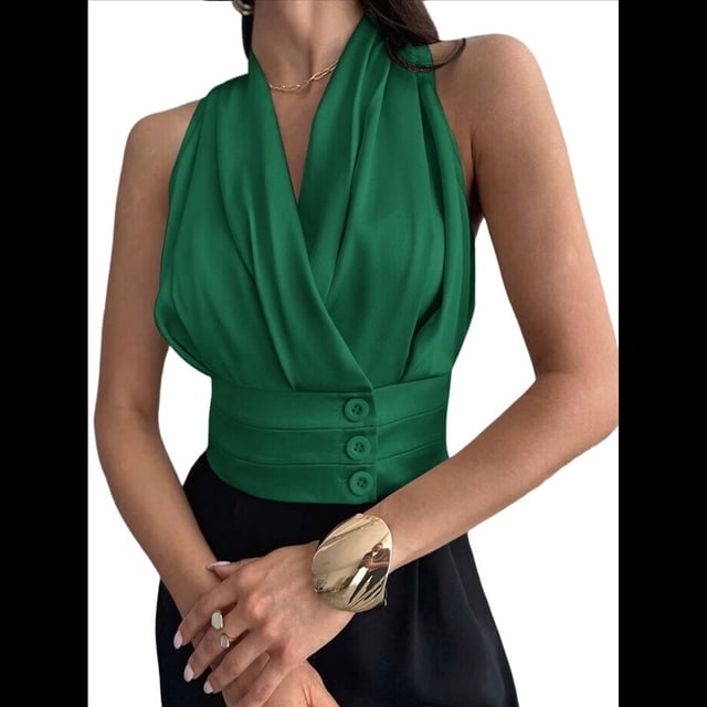 Blusas Plisadas Sin Mangas con Cuello en V para Mujer, Camisas Elegantes de Oficina. Verde XS