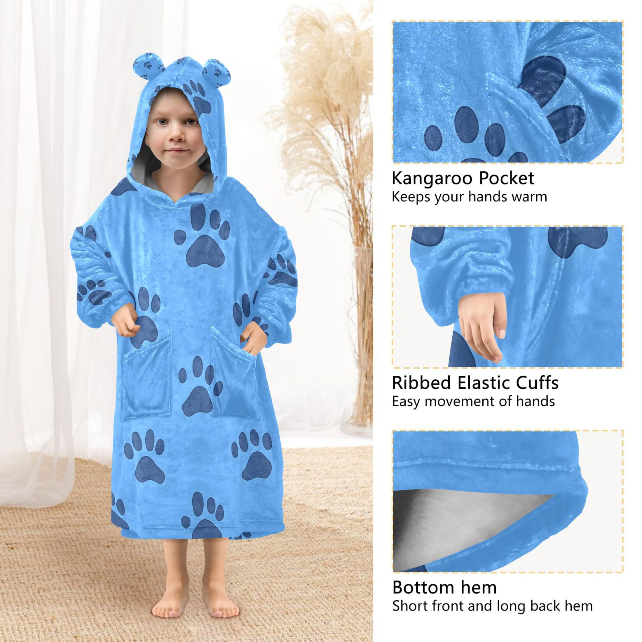 joogoo Wearable Blanket Hoodie for Dog Footprint Flannel Sherpa Pocket 3-14 YR S
