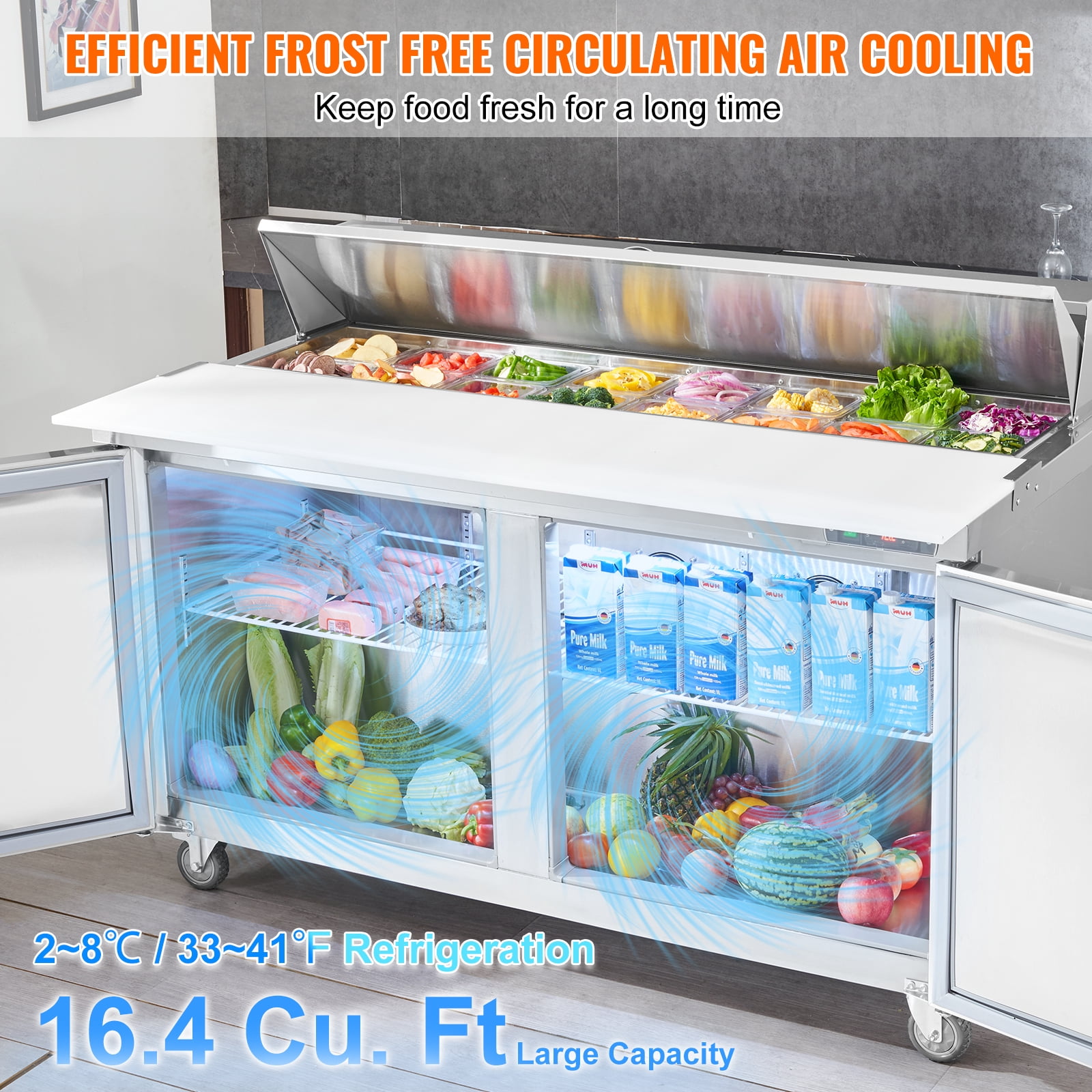 KFFKFF 60" Professional Fridge for Sandwich & Salad Preparation, 16.4 Cu. Ft Stainless Steel Chilled Food Preparation Area with 16 Trays, Cutting Board, Defrosting Refrigerator with Lock