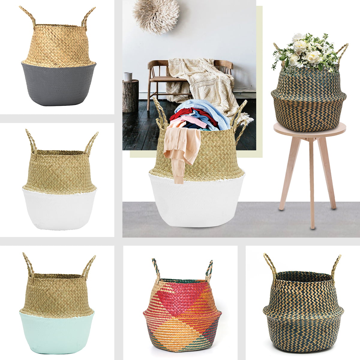 Seagrass Belly Basket Storage Plant Pot Foldable Nursery Laundry Bag US 