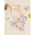thumbnail image 2 of Suealasg 3Pcs Baby Girl Halloween Outfits Long Sleeve Letter Print Romper + Pumpkin Flare Pants + Headband Set 3 6 12 18 Months Infant Girl Halloween Clothes, 2 of 7
