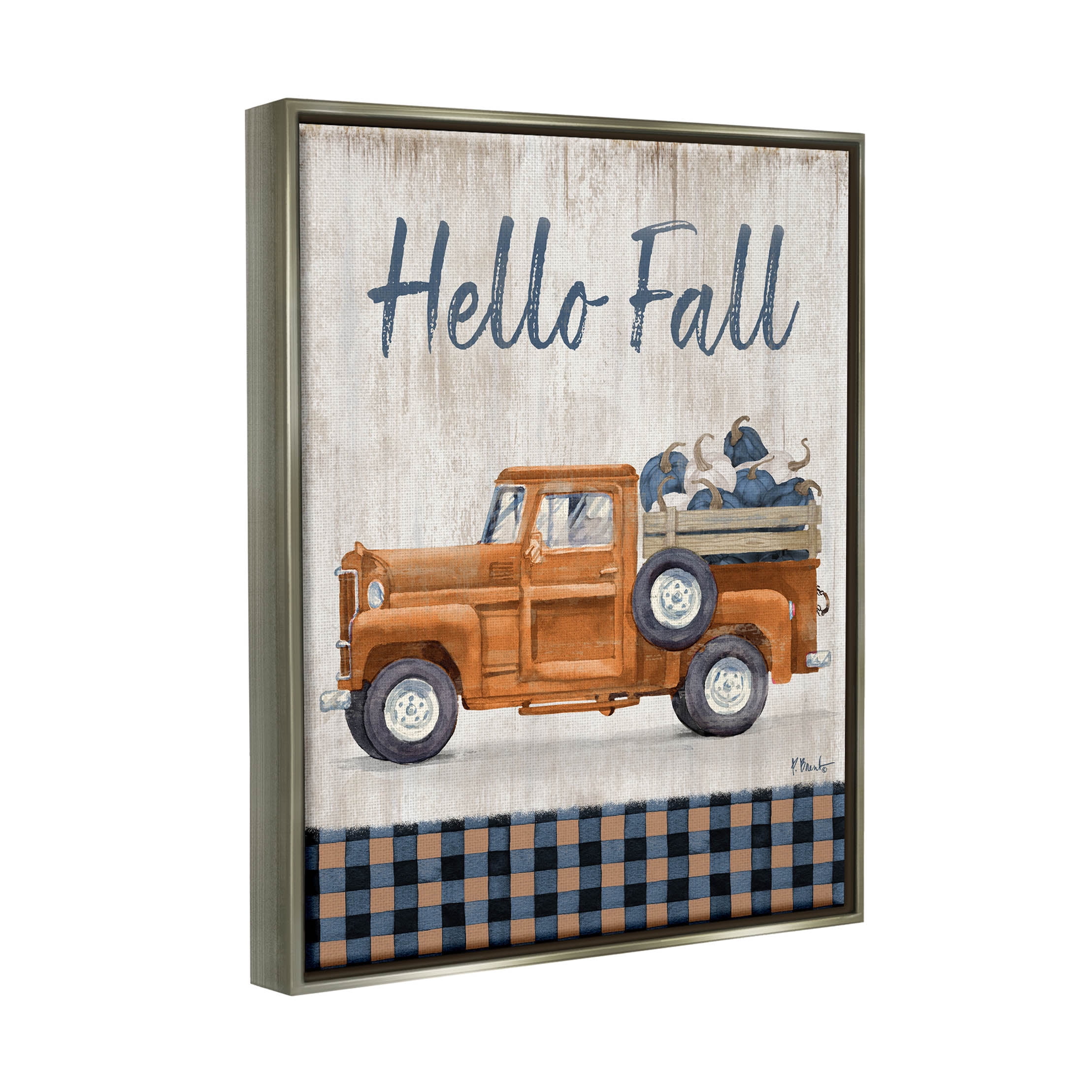 Stupell Industries Hello Fall Plaid Pumpkin Truck Graphic Art Luster Gray Floating Framed Canvas Print Wall Art, Design by Paul Brent