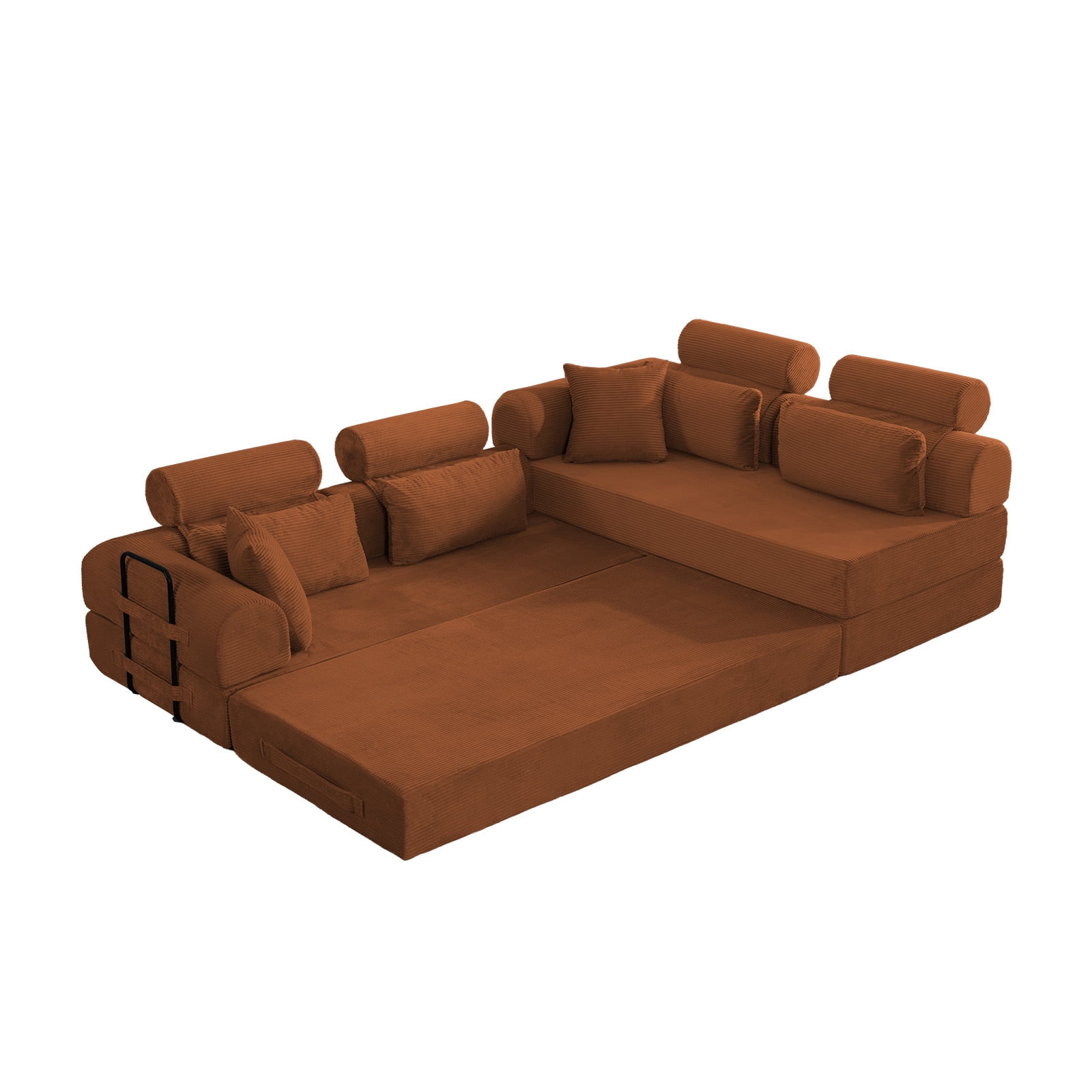 L-Shaped Sectional Sofa Converts to Bed, Corduroy Chaise Lounge with 28D High-Density Foam, No Assembly Compressed Couch for Apartments and Studios, Orange