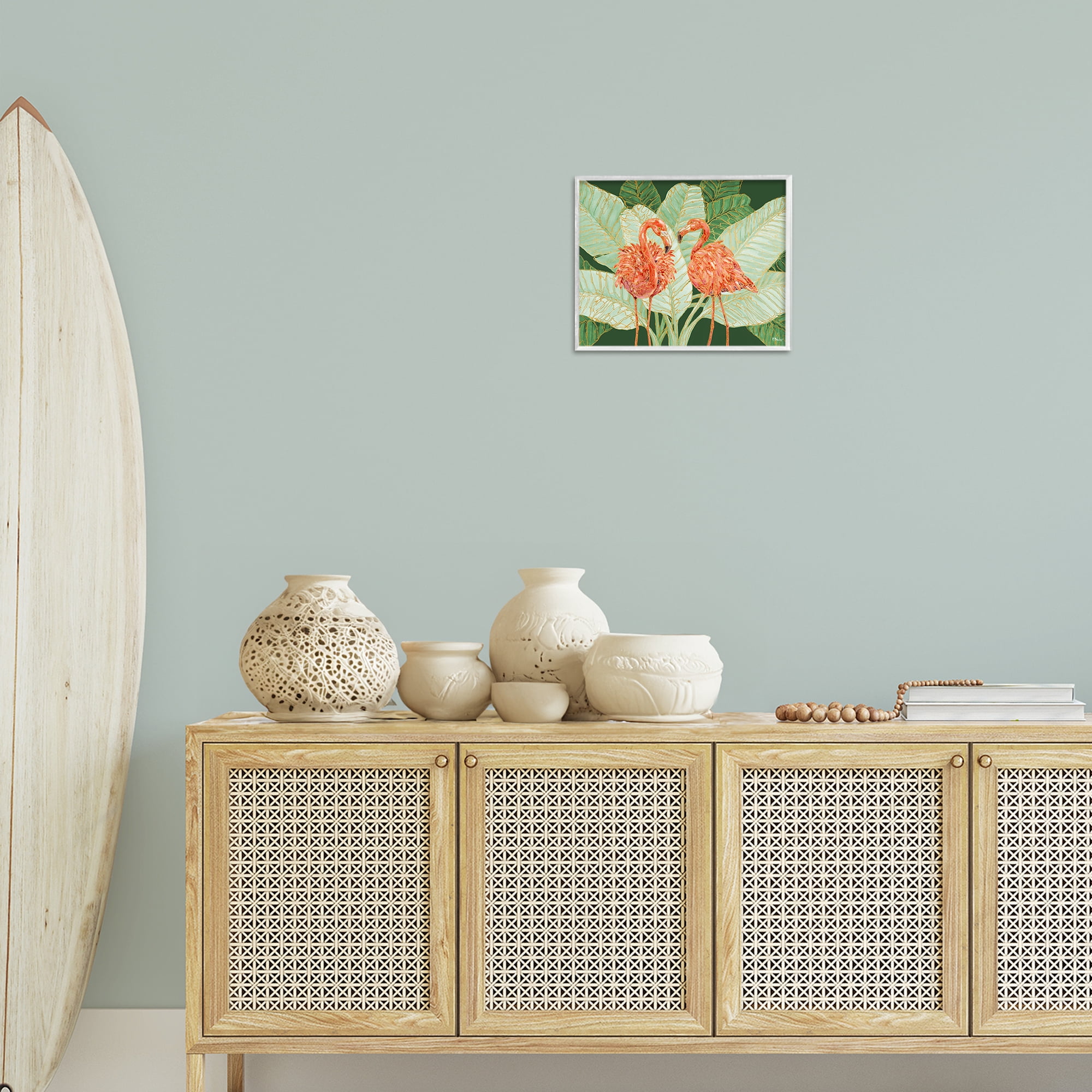 Stupell Industries Martinique Flamingos & Leaves Animals & Insects Painting White Framed Art Print Wall Art, 14 x 11
