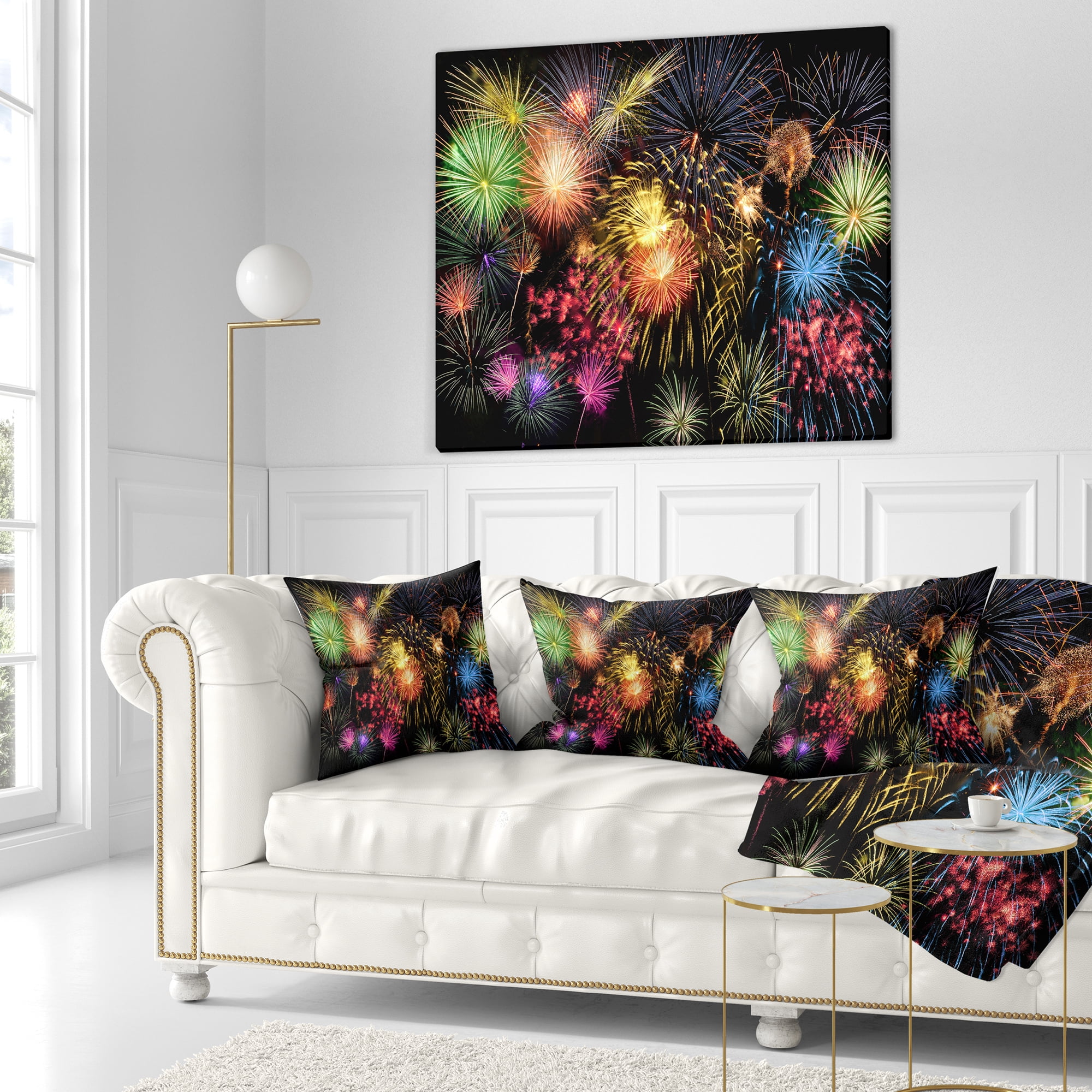 Designart Colorful Fireworks at Night Sky - Skyline Photography Throw Pillow - 18x18