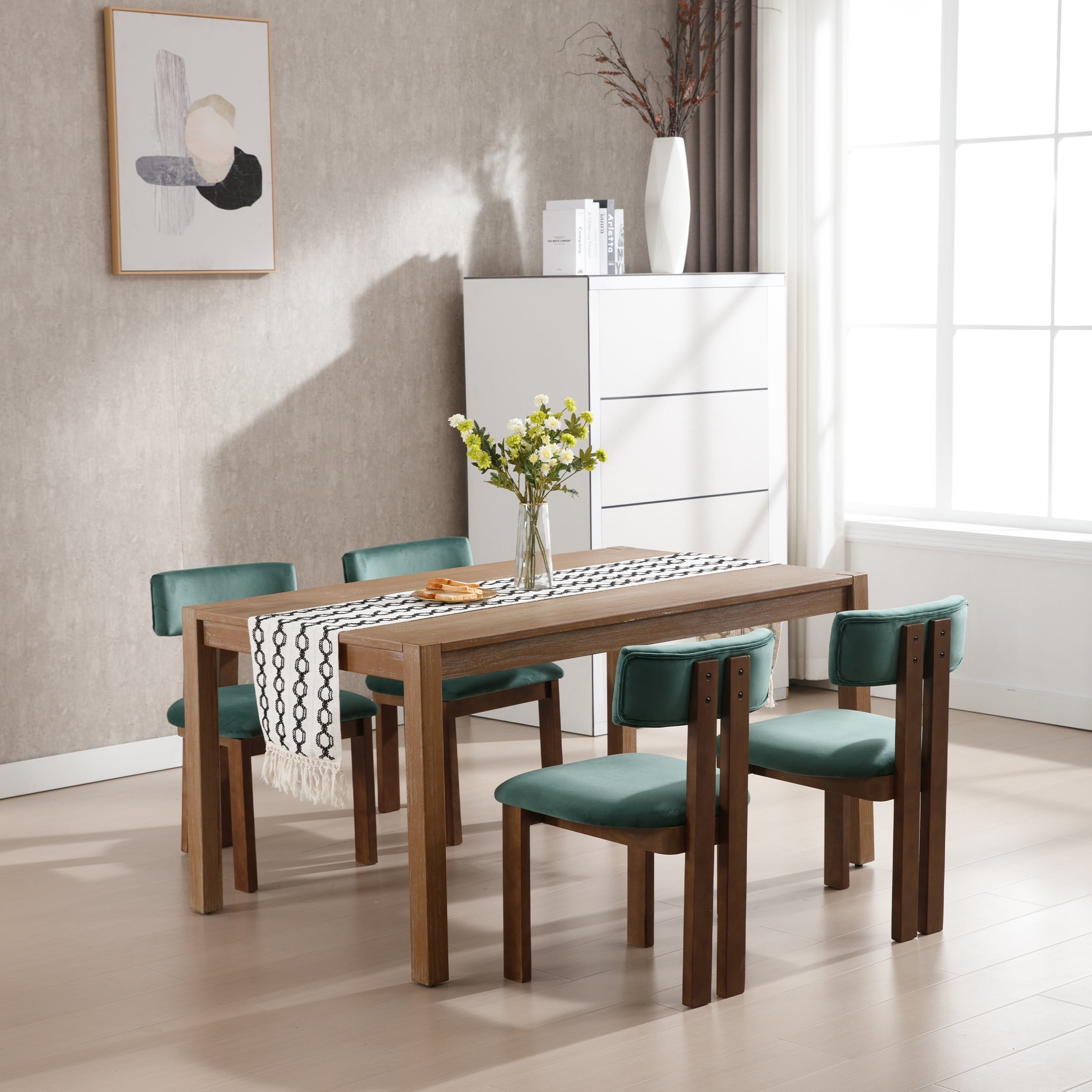 Guyou Wooden Dining Chairs Set of 2, Mid Century Modern Velvet Upholstered Dining Side Chairs, Farmhouse Kitchen Chairs with Curved Back for Kitchen Dining Room Living Room, Green