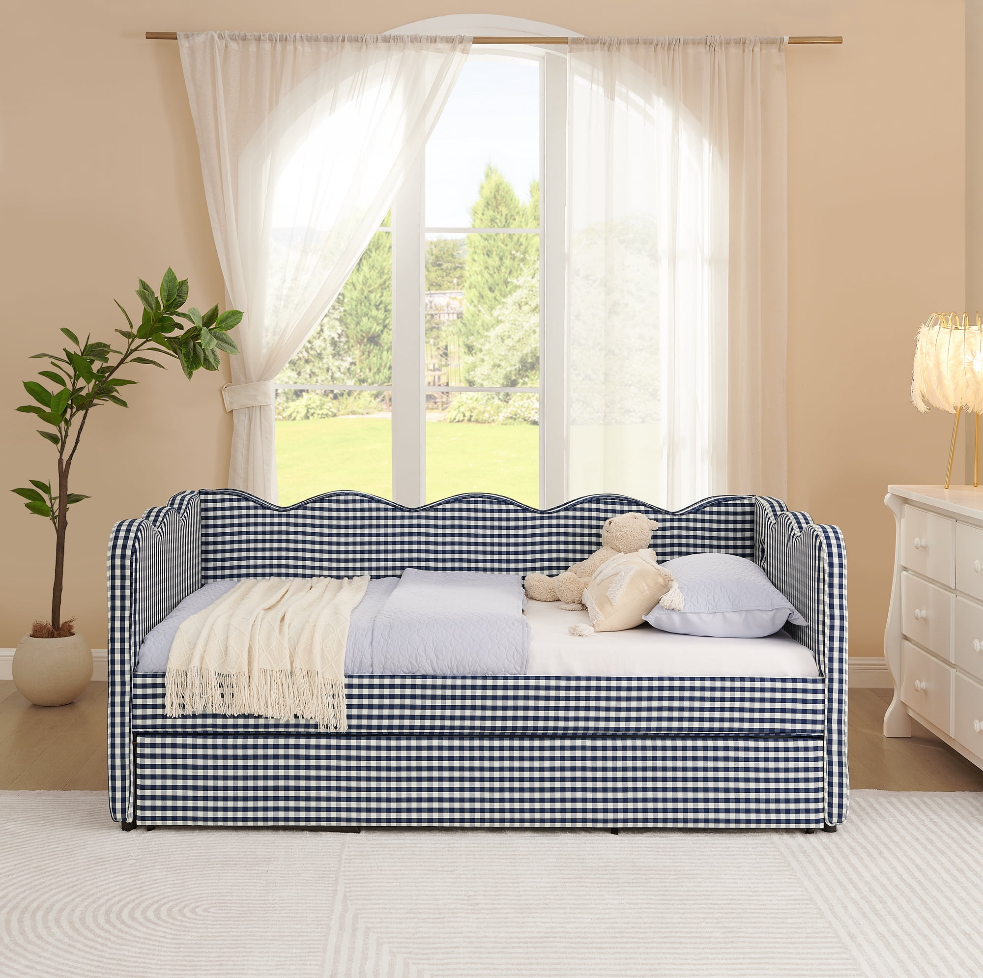 GARITIN Twin Size Daybed with Trundle, Gingham Sofa Bed with USB Port and Wavy Shape Headboard for Kids Room, Navy