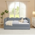 thumbnail image 4 of Twin Size Cozy Gingham Daybed with Trundle, Wave-Shaped Sofa Bed with USB Port, Linen Fabric, Navy, No Box Spring Needed, 4 of 9