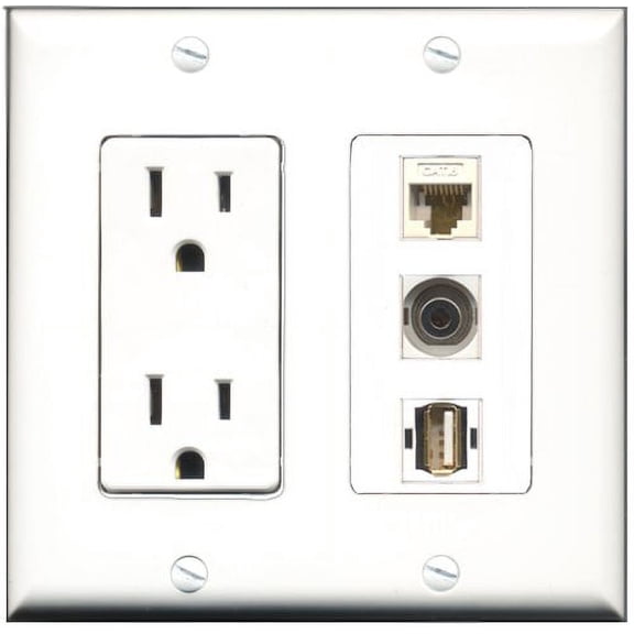 RiteAV - 15 Amp Power Outlet 1 Port USB A-A 1 Port 3.5mm 1 Port Cat6 Ethernet Ethernet White Decorative Wall Plate