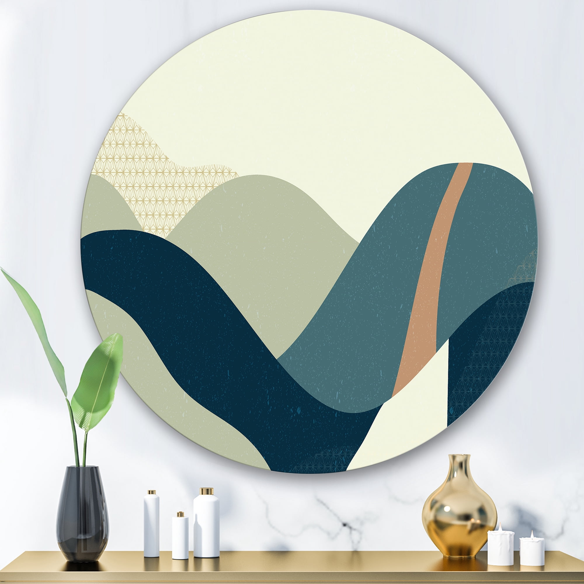 Designart 'Landscape With Hills Abstract Geometric Art' Modern Circle Metal Wall Art 29x29 - Disc of 29