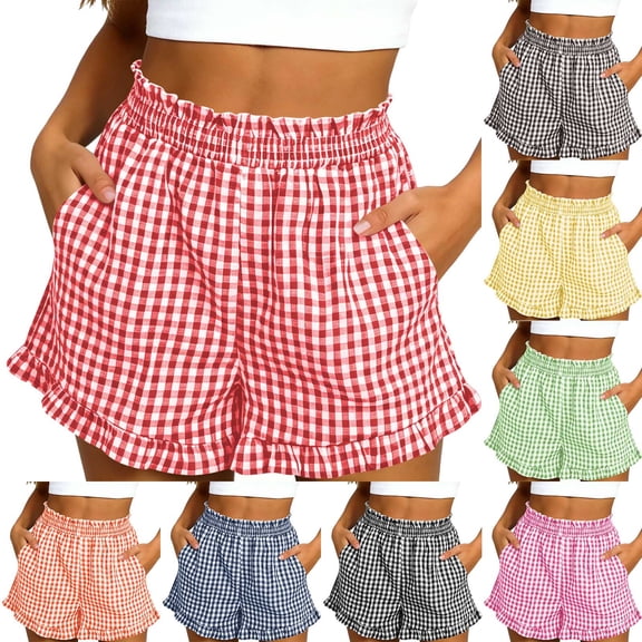 Miluxas Womens Casual Gingham Shorts Elastic Waist Plaid Summer Beach Shorts with Ruffle Hem Comfy Lounge Shorts for Home & Vacation Red