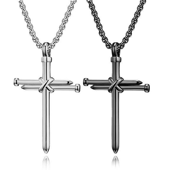 2 Pcs Men's Stainless Steel Nail Cross Pendant Necklace with 24 Inch Chain Polished BlackSilver