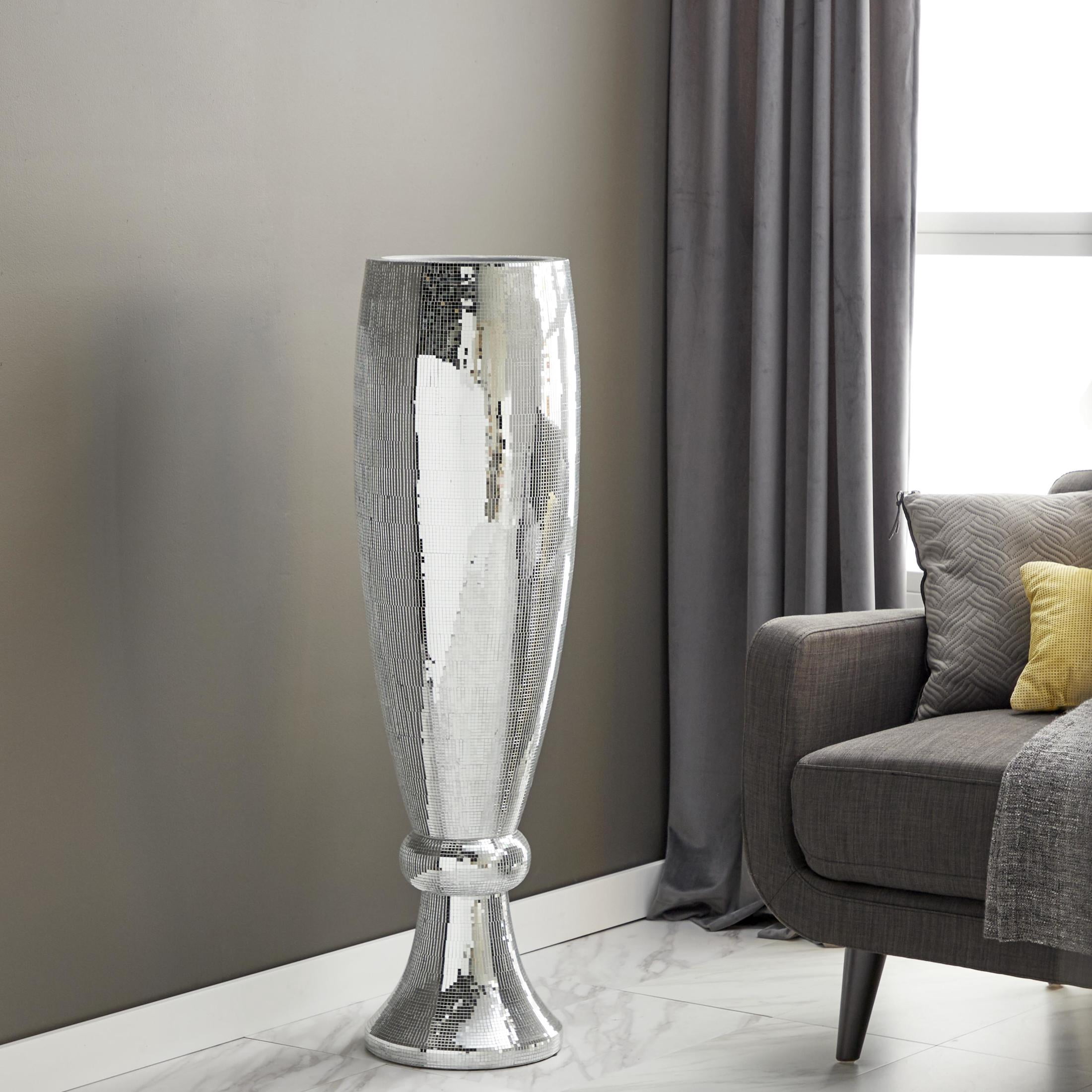 DecMode 48" Tall Champagne Flute Shape Silver Polystone Vase with Mosaic Mirror Inlay