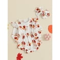 thumbnail image 5 of Michellecmm Baby Girl Holiday Outfit, Pumpkin Print Ruffle Long Sleeve Romper Tie Headband 2 Piece Set for Fall, 5 of 9