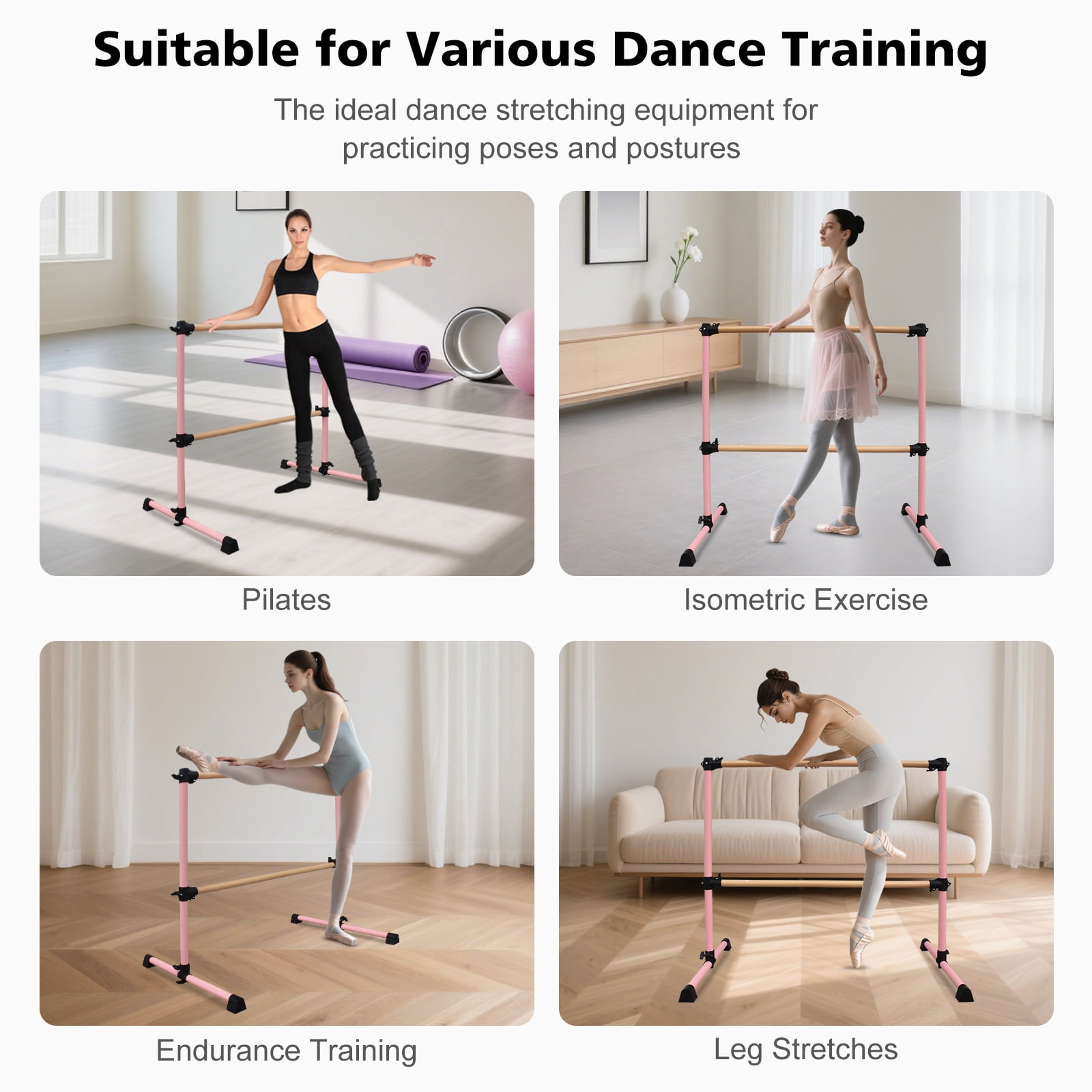 Solid Wood Ballet Barre 4FT with Adjustable Height 6.7-46 Inches, Professional Dance Practice Barre with Rotatable Base for Home, Studio, Adjustable, Pink