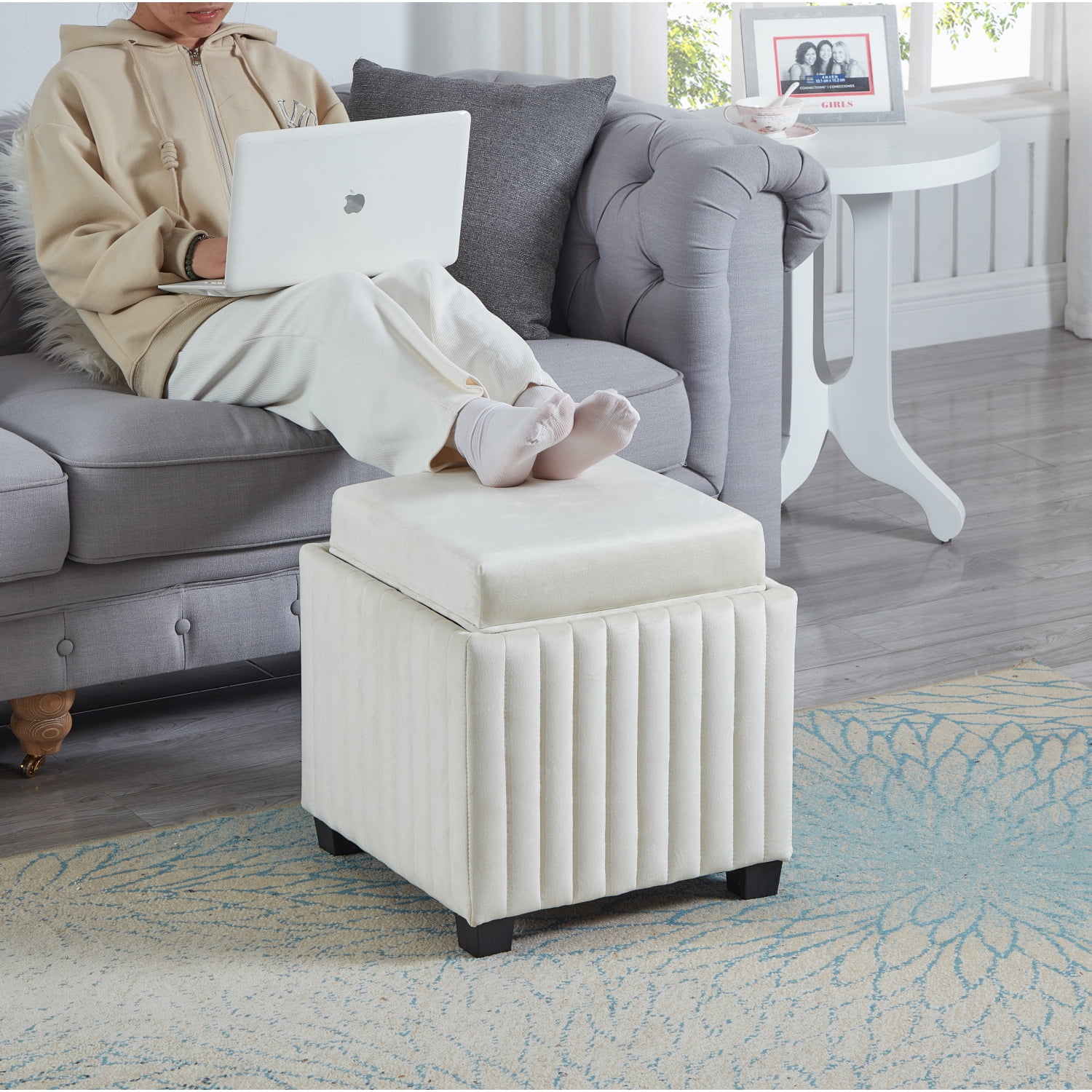18 Inch Beige Square Cube Storage Ottoman Bench with Coffee Tray for Living Room and Bedroom